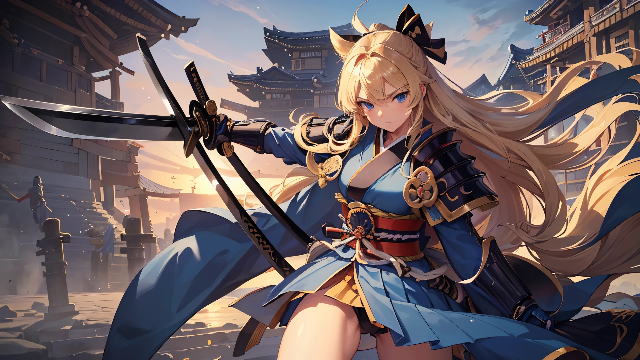 perfect anatomy, masterpiece:1.2, best quality, 8k, beautiful detailed grow, daydreaming expression, break, panoramic wide-angel ((hand holding Japanese long swords gripping swords in hands)), (solo curly blonde hair long hair black bow in hair cute girl, cute blue eyes, serious face), ((in a samurai armor)), (((in the sengoku battlefield))).