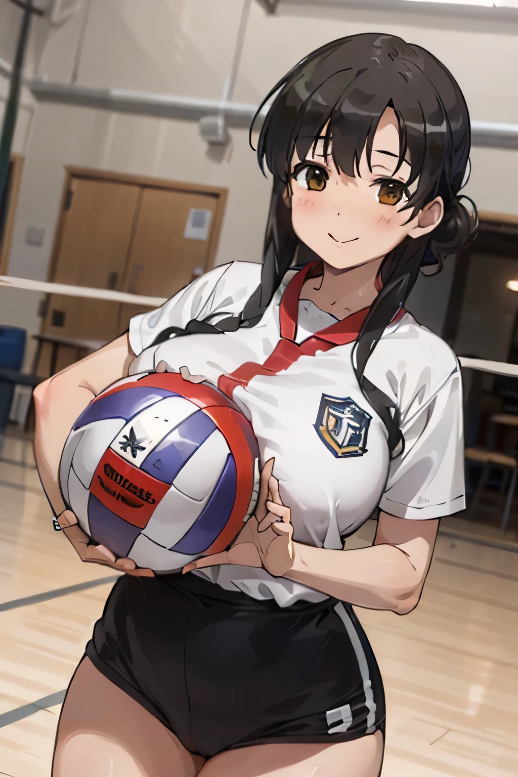 ((masterpiece)), ((best quality)), (ultra-detailed), ((extremely detailed)), 4K, (8K), best quality, ((perfect anatomy)), ive fingers, ((((beautiful detailed eyes)))), (((world-class quality))), photorealistic, extremely detailed, high resolution, (detailed shaded pretty face), (((house wife))), solo, (((sagging breasts))), (((wearing volley_uniform)), glowing detailed skin and hair, white-skinned, (((glistening skin))), huge ass, kasumi iwato, potbelly, , (half updo),, , stylish pose, curvy, smile, , inside volley ball field, holding_ball, breast focus