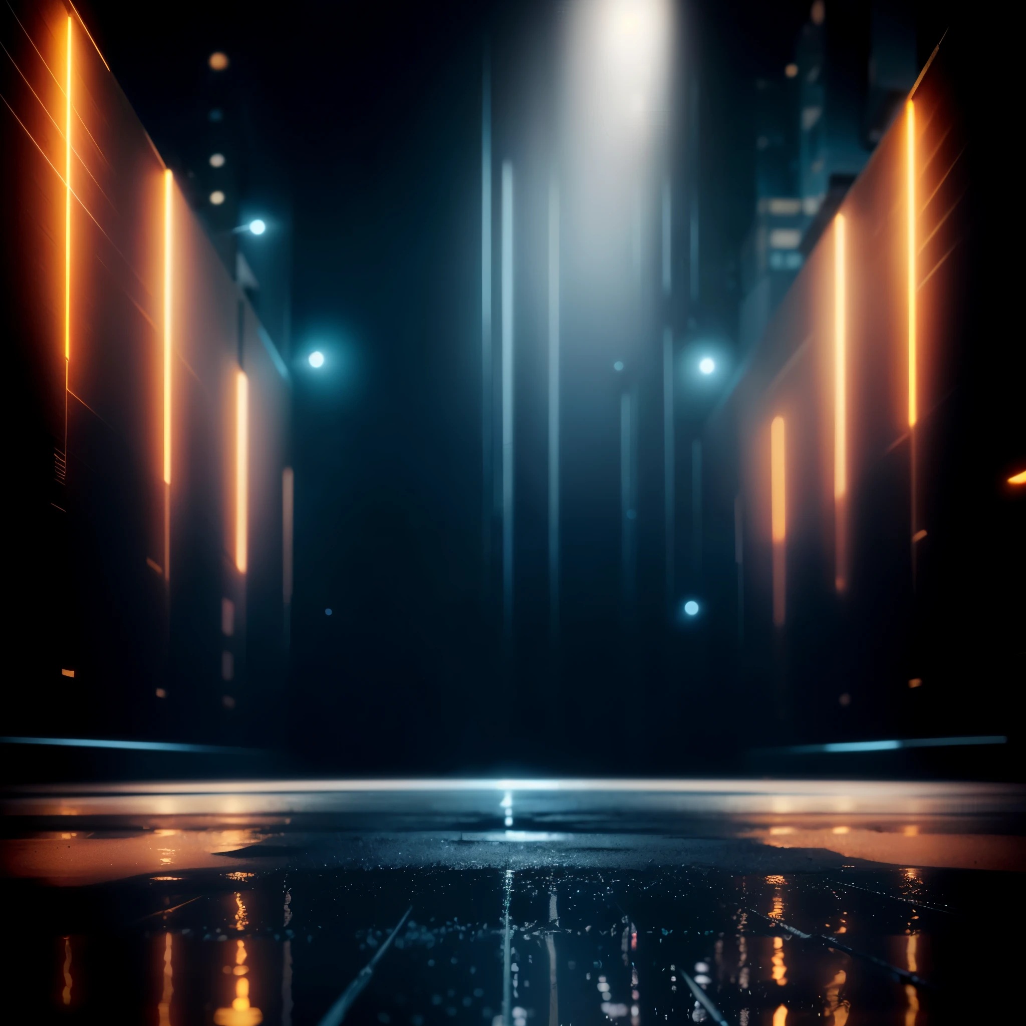 a dark room with lights and a puddle of water, cyberpunk city fundo de rua, Cinematic light and reflections, dark science fiction background, fundo fosco. Motor irreal, sci-fi background, cinematic city street lighting, fundo de rua, Papel de parede vertical 8k, Papel de parede vertical 8k, Antecedentes ciberpunk, fundo da cidade futurista, cybernetic city background, dramatic lighting render, plano de fundo cidade cyberpunk