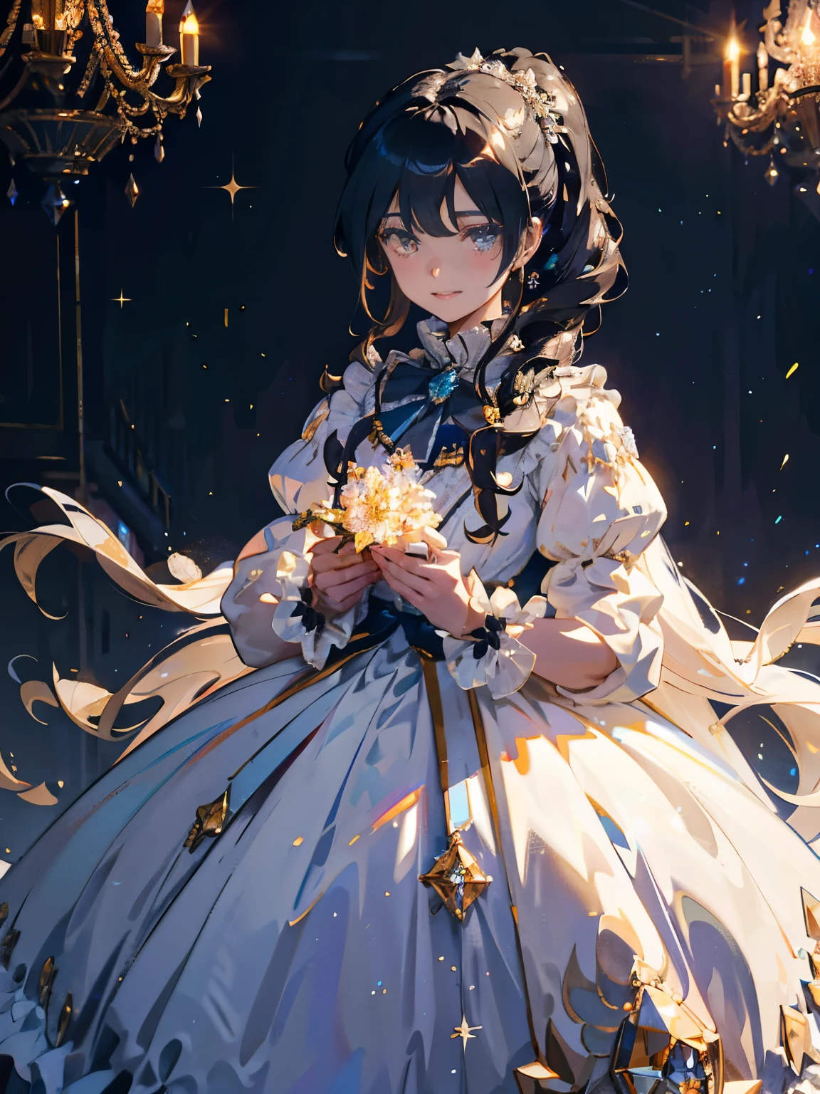 dramatic composition, coat style dress, royal, nice, カスケードfrills, frills, bow, crystal chandelier, roman curly hairstyle, ponette, double ponytail like a drill, look at the camera, bangs, maximalism, palace background, Delicate depiction of hair and eyes, princess dress, nice skirts, flowers in hand, smile, Eyes like the starry sky, cinematic light, extreme detail, High resolution, happy girl, very long hair, diamond, broken diamond, crystal shards, particles of light
