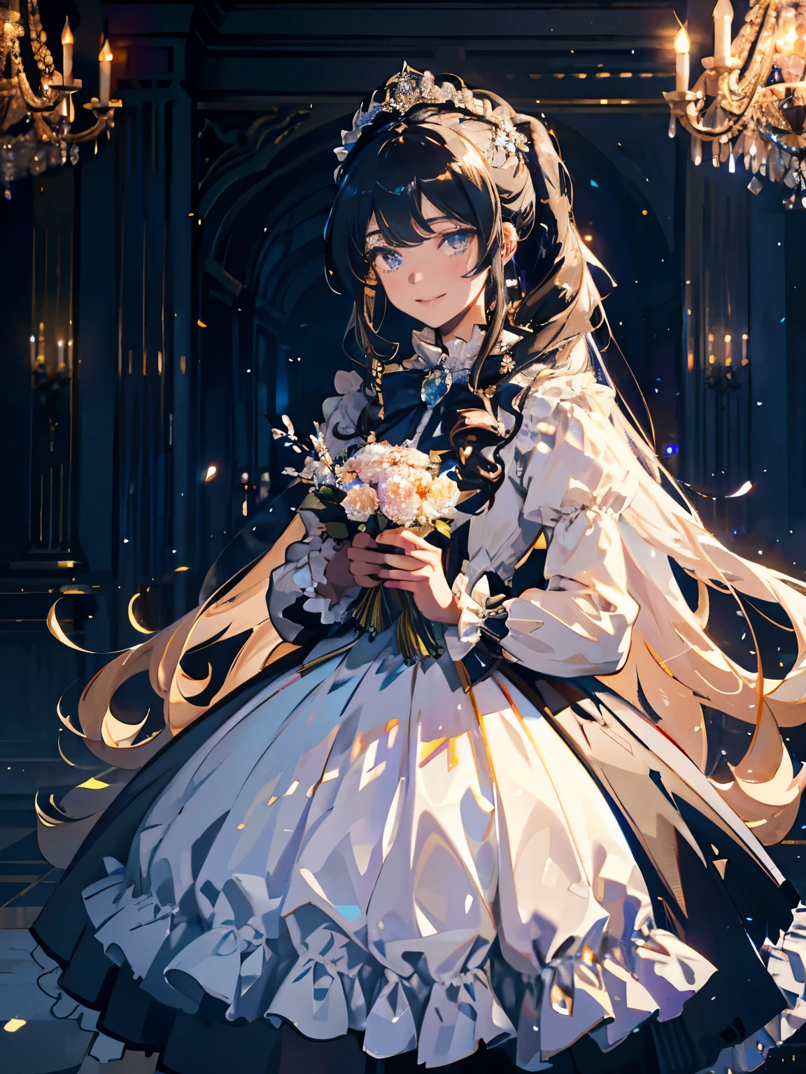 dramatic composition, coat style dress, royal, nice, カスケードfrills, frills, bow, crystal chandelier, roman curly hairstyle, ponette, double ponytail like a drill, look at the camera, bangs, maximalism, palace background, Delicate depiction of hair and eyes, princess dress, nice skirts, flowers in hand, smile, Eyes like the starry sky, cinematic light, extreme detail, High resolution, happy girl, very long hair, diamond, broken diamond, crystal shards, particles of light