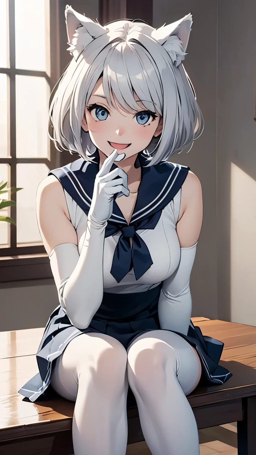 table top　High level image quality　best image quality　8k　 adult woman　portrait　white long gloves（elbow gloves）　white pantyhose　sailor suit（Sleeveless mini skirt　white wolf ears　short hair（（shortcut）（gray hair）（perm）（fluffy））　eye color is blue　seductive face（（laughter）（smile）（open your mouth））　beautiful feet