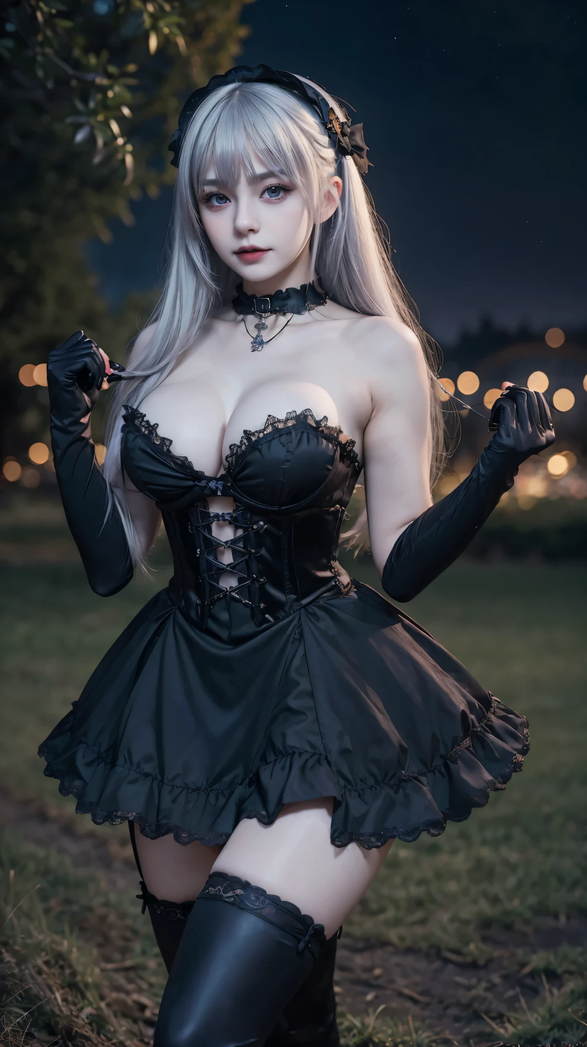 Gorgeous Girl, Beautiful, Baby Face, 20 Years Old, White Skin, Colossal Chest, Strapless, Sleeveless, Cleavage, Gothic ta, Silver Straight Hair, Adorable, Masterpiece, Goth Make Up, Dark Halloween Farmer Outdoor, ((bokeh:1.1)), Pose, Fullbody Shot, Boot, Gloves, Holdup Stocking, Side Angle, ((night))