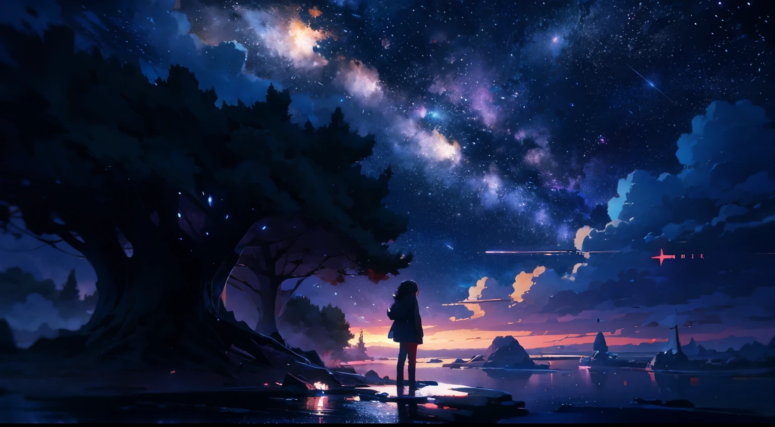 Anime girl standing on a rock、stargazing, makoto shinkai cyril rolando, anime art wallpaper 4k, anime art wallpaper 4k, anime art wallpaper 8k, by Makoto Shinkai, Works that influenced Cyril Rolland, In the style of Dan Mumford's artwork, awesome wallpaper, by Yuumei