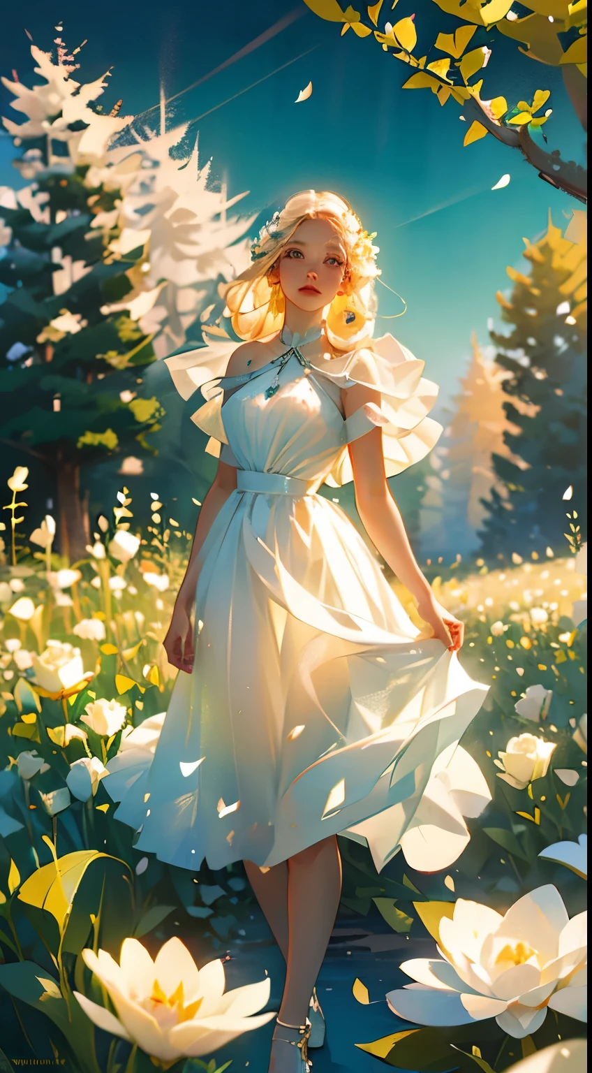 (masterpiece: 1.2, realistic: 1.37, ultra high resolution), female model, fair skin, long blonde and straight hair, white dress, in a sunlit garden, with rose petals everywhere, high contrast, dynamic, soft focus.