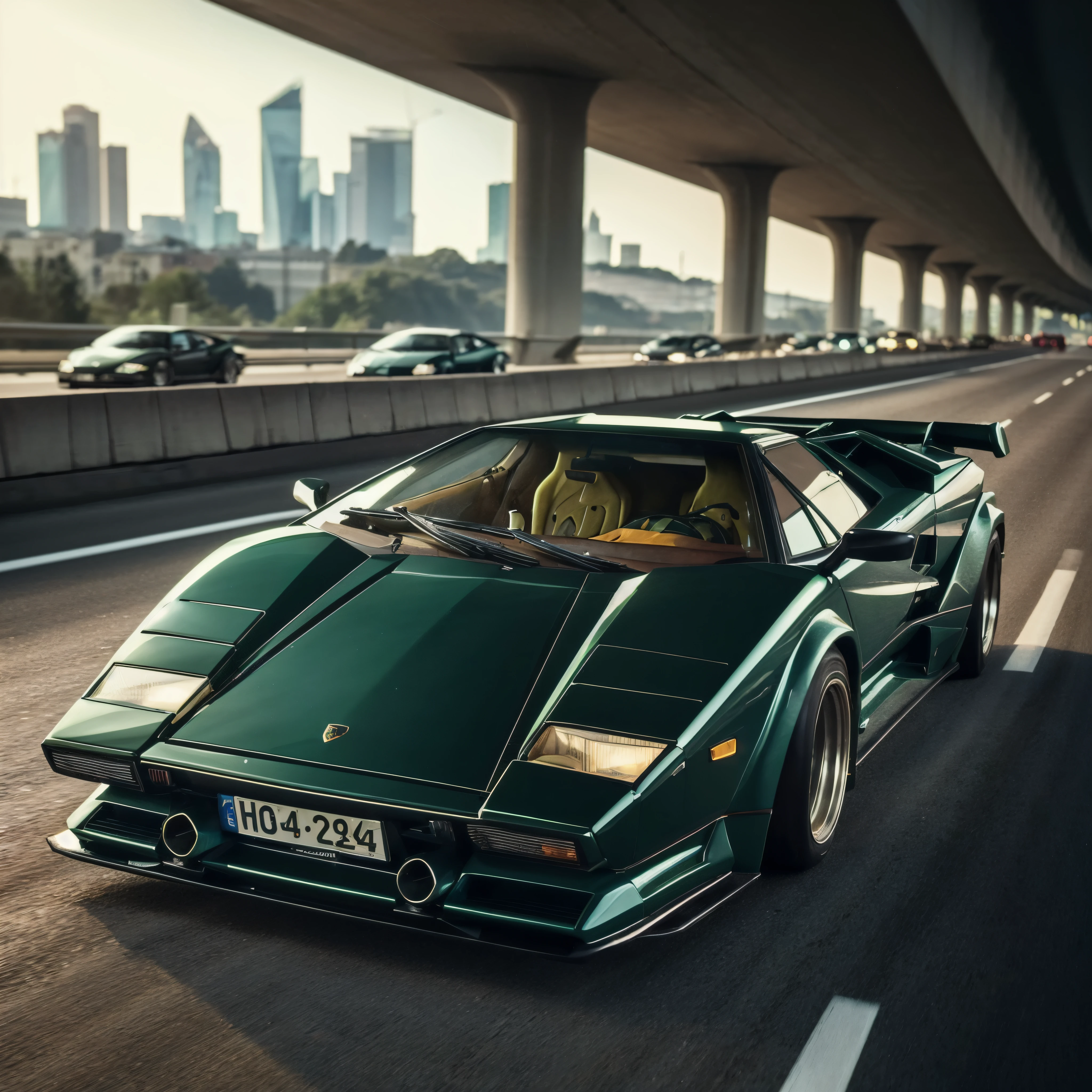 a close up of a green sports car driving on a highway, lamborghini countach, pantera ((countach)), countach, bold lamborghini style, lamborghini, wide body, kodakchrome : : 8 k, highly detailed hyper real retro, alexey egorov, by Adrian Zingg, octane cgsociety, de tomaso, cinematic front shot