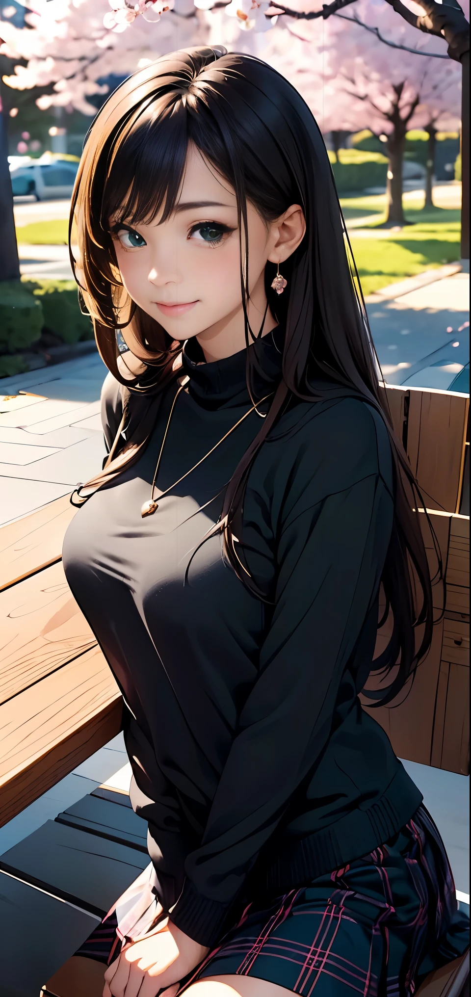 ((table top, highest quality, High resolution, nffsw, perfect pixel, Depth of written boundary, 4k, nffsw, nffsw))), 1 girl, single, alone, beautiful anime girl, beautiful art style, anime character, ((long hair, bangs, brown hair)), ((green eyes:1.4, round eyes, beautiful eyelashes, realistic eyes)), ((detailed face, blush:1.2)), ((smooth texture:0.75, realistic texture:0.65, realistic:1.1, Anime CG style)),  dynamic angle, ((black sweater, long sleeve, black skirt, plaid skirt, Snazzy, 1 diamond necklace)), smile,  amusement park, ((cherry blossoms, cherry blossomsの花が散る))