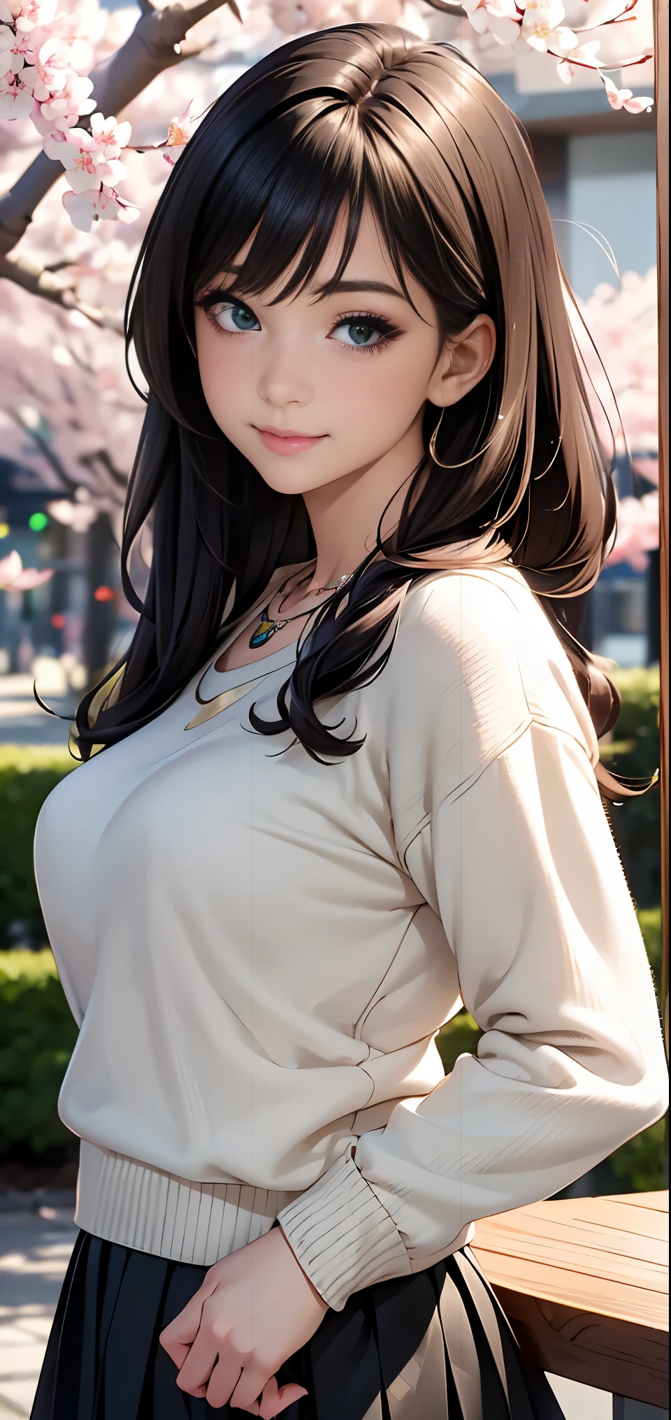 ((table top, highest quality, High resolution, nffsw, perfect pixel, Depth of written boundary, 4k, nffsw, nffsw))), 1 girl, single, alone, beautiful anime girl, beautiful art style, anime character, ((long hair, bangs, brown hair)), ((green eyes:1.4, round eyes, beautiful eyelashes, realistic eyes)), ((detailed face, blush:1.2)), ((smooth texture:0.75, realistic texture:0.65, realistic:1.1, Anime CG style)),  dynamic angle, ((black sweater, long sleeve, black skirt, plaid skirt, Snazzy, 1 diamond necklace)), smile,  amusement park, ((cherry blossoms, cherry blossomsの花が散る))