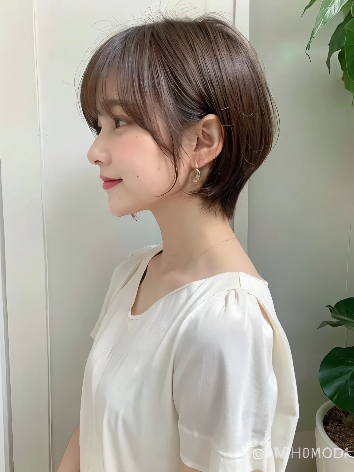 white wall、Taken in front of the white door、(窓のあるwhite wallの部屋)、(8k、RAW photo、highest quality、masterpiece:1.2)、High-definition RAW color photo、professional photos、(realistic、フォトrealistic:1.37)、Photographed in natural light、1 girl、laughter、Various poses、spring clothes、 simple necklace、(Beautiful profile:1.3)、don't look at the camera、profile、shortcut、short hair、earrings、pastel colored blouse、normal human face、Normal eyes、dark brown eyes