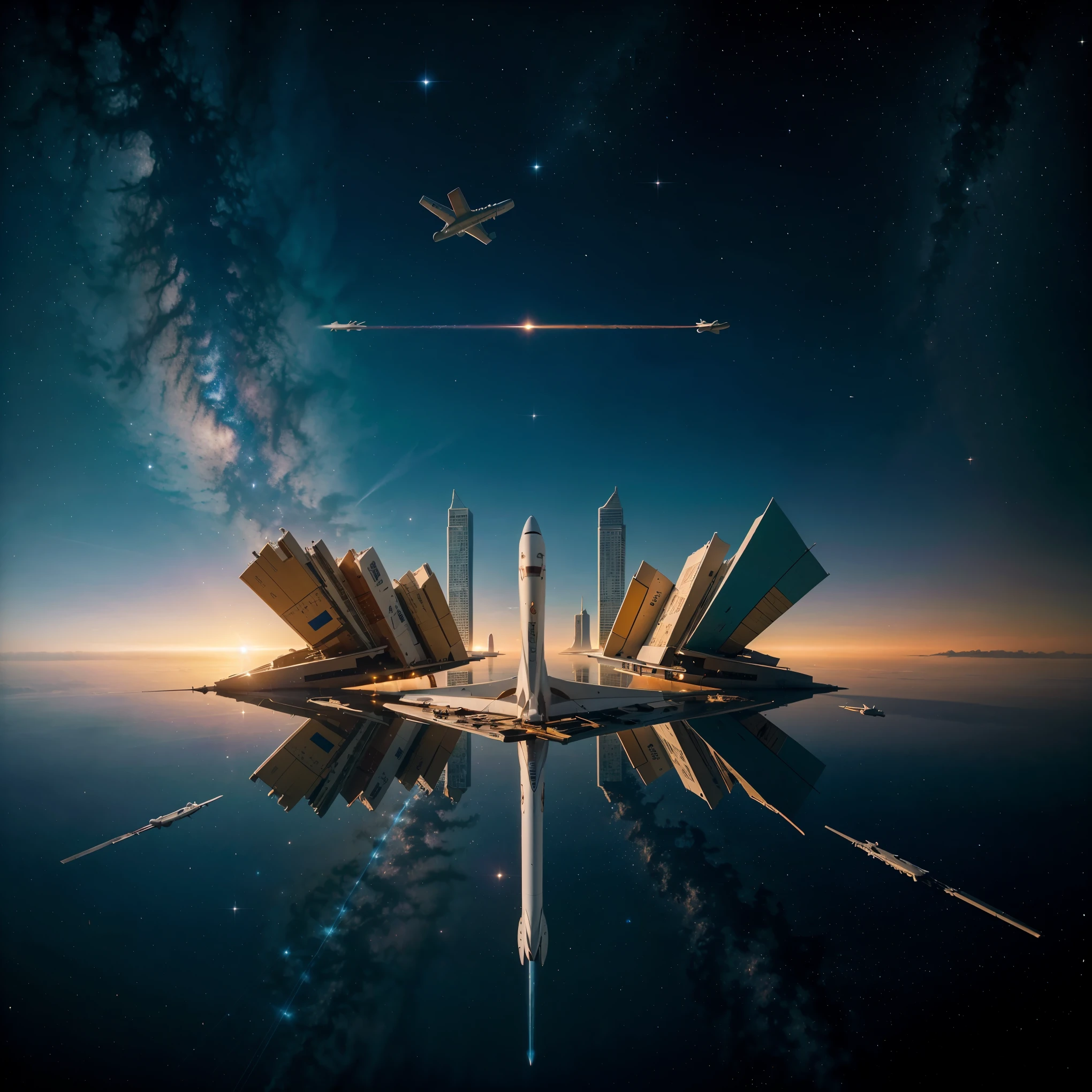 In an endless space in the universe a cruise ship, airplane, fragments of books, and a rocket ship, all floating to random directions, the magnificent colour of the galaxy reflecting on them. 