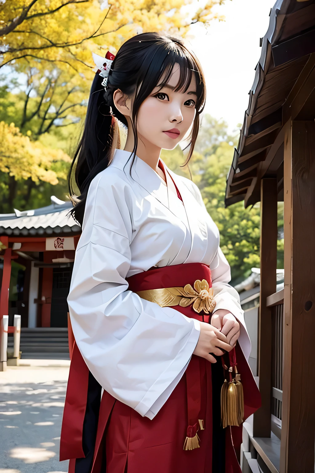 shrine maiden costume、beautiful shrine maiden、hairstyle with black hair tied in the middle、whole body、photo taken from below、shrine