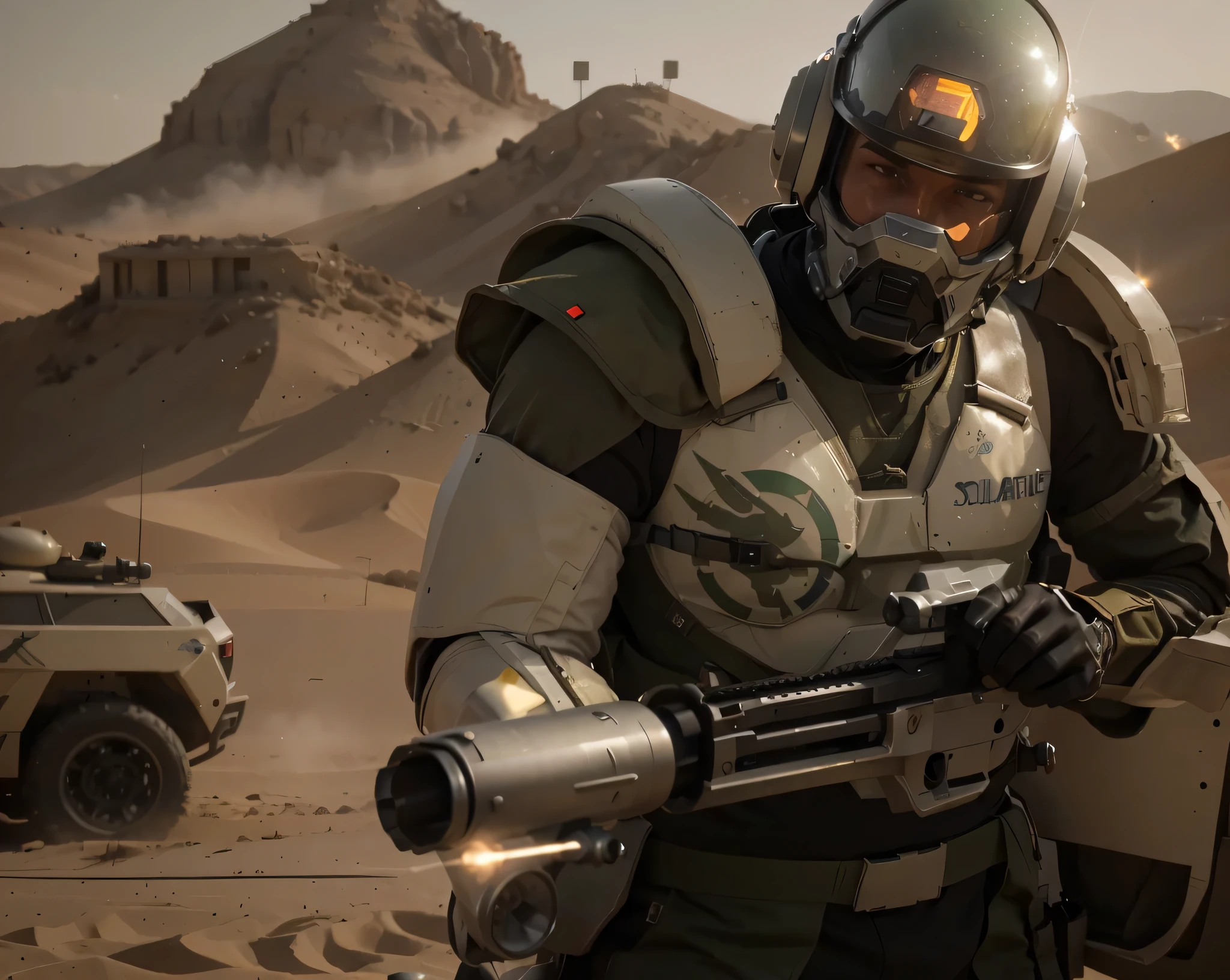 soldier with heavy cyborg robotic suit with sensors and antennas, color beige con detalles en blanco, casco moderno con visera, He has an eagle painted on his armor., In his hand he has a laser rifle, he is on a battlefield in the desert, gafas verdes, greenish atmosphere, modern tanks and vehicles, mucho humo, 4k, ultra detallado image, realista, muy detallado, perfect composition, splendid, intrincadamente detallado, incredibly detailed, 8k art photography, hiper detallado, Obra maestra, ultra detallado, hyper realista , 4k, ultra detallado image, realista, muy detallado, perfect composition, splendid, intrincadamente detallado, incredibly detailed, 8k art photography, hiper detallado, Obra maestra