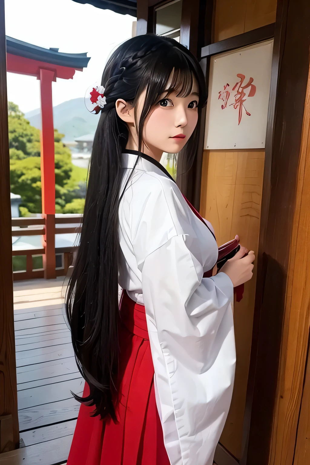 shrine maiden costume、beautiful shrine maiden、hairstyle with black hair tied in the middle、whole body、photo taken from below、shrine