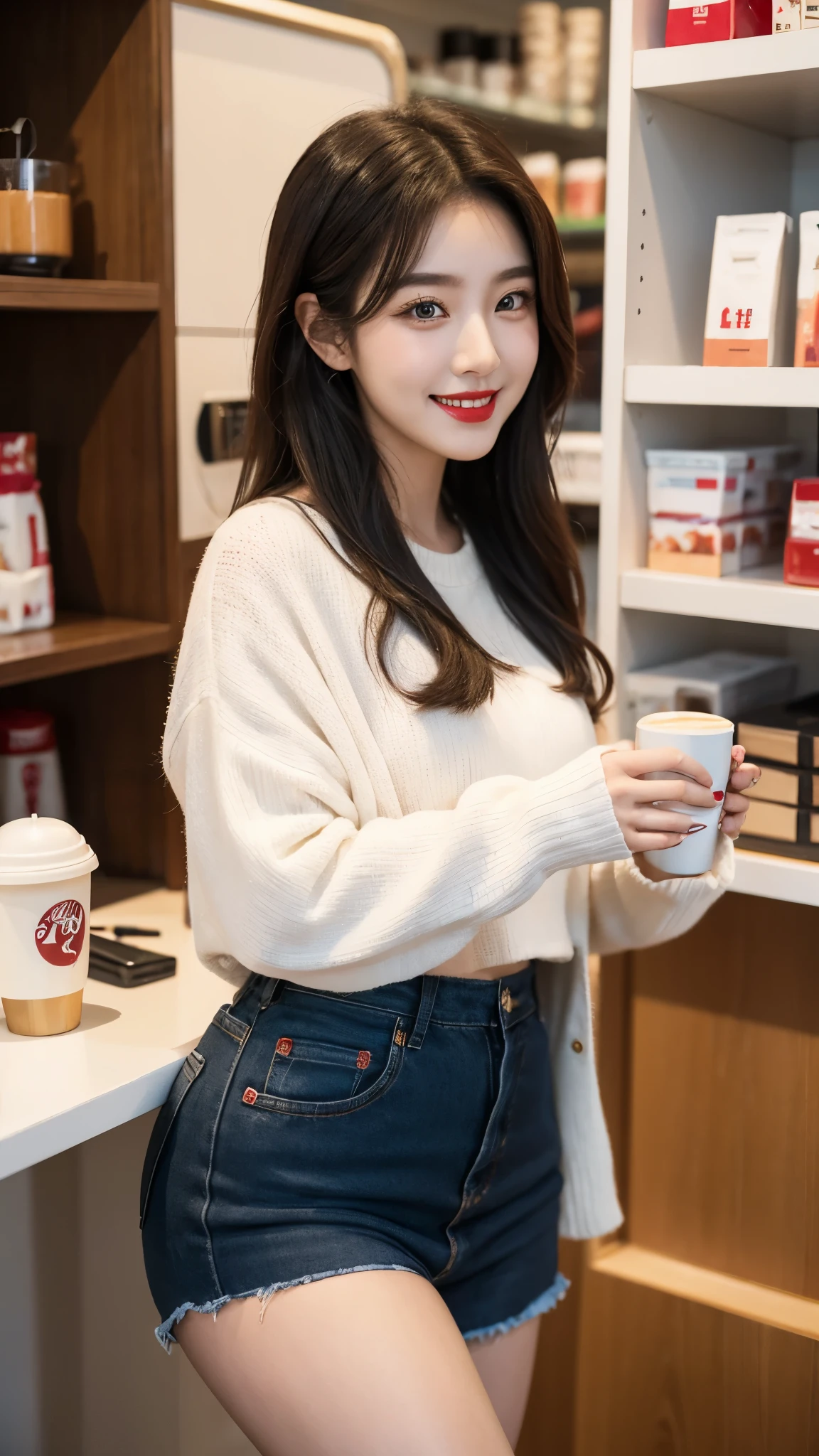 beautiful girl, korean makeup, korean girl, red lips, smiling, girl having coffee in the store.
