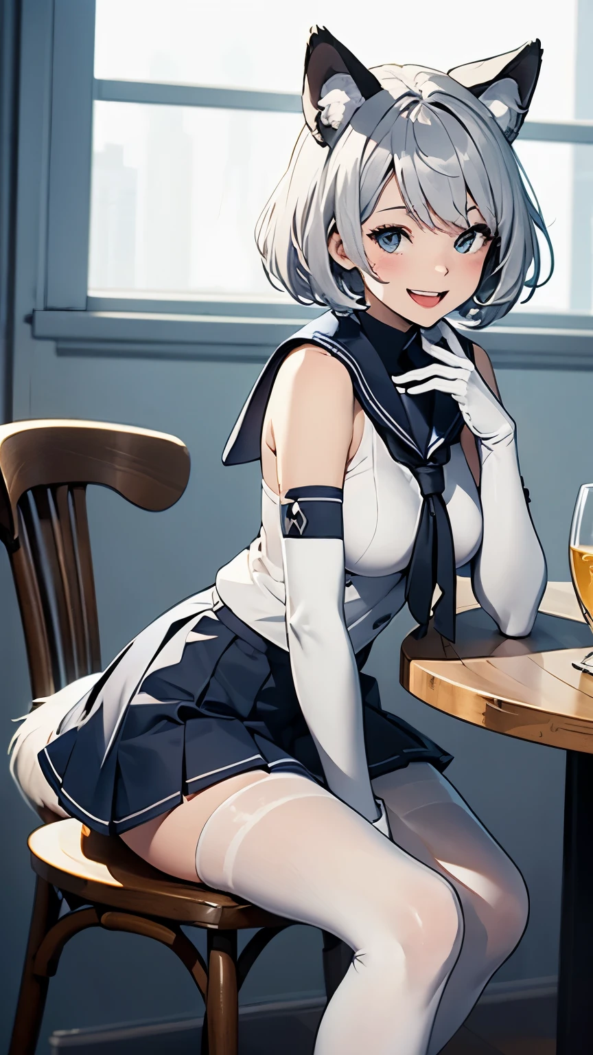 table top High level image quality best image quality 8k adult woman portrait white long gloves(elbow gloves) white pantyhose sailor suit(Sleeveless mini skirt white wolf ears short hair((shortcut)(gray hair)(perm)(fluffy)) eye color is blue seductive face((laughter)(smile)(open your mouth)) beautiful feet sit on a chair
