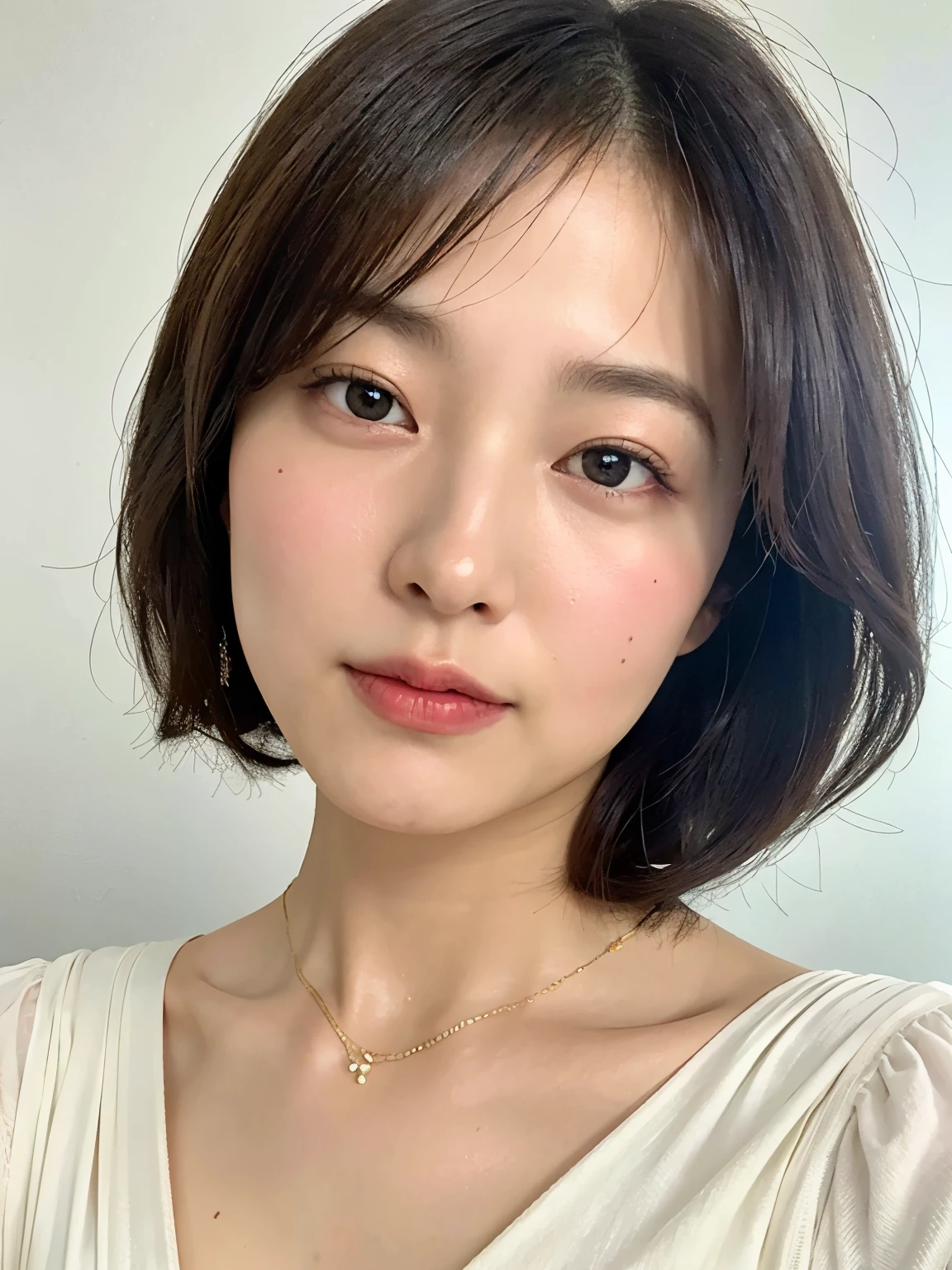 (highest quality、8k、32K、masterpiece、nffsw:1.2)、photo of cute japanese woman、short hair、Taken in front of a white wall、Crew neck、Photographed in natural light、Upper body、surface focus、long sleeve dress、simple necklace、From above、mix 4、(8k、Raw photo、highest quality、masterpiece:1.2)、(realistic、Photoreal:1.37)、1 girl、photon mapping、Physically based rendering、excellent image quality、High resolution、1080p、(clean face)、(Detailed facial description)、(detailed description of handasseter muscle part)、(Detailed CG)、hair is dirty、masterpiece、rich details、(exquisite features)、(best image quality)、(masterpiece)、(detailed eye)、looking forward to your eyes、delicate clavicle、Various poses