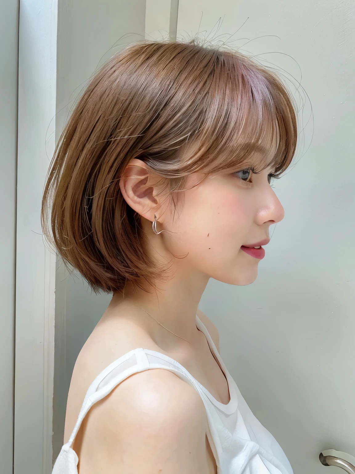 white wall、Taken in front of the white door、(窓のあるwhite wallの部屋)、(8k、RAW photo、highest quality、masterpiece:1.2)、High-definition RAW color photo、professional photos、(realistic、フォトrealistic:1.37)、Photographed in natural light、1 girl、laughter、Various poses、spring clothes、 necklace、(Beautiful profile:1.3)、don't look at the camera、profile、shortcut、((bright hair color))、short hair、Photographed in natural light、high tone hair color、earrings、pastel colored blouse、normal human face、Normal eyes、dark brown eyes