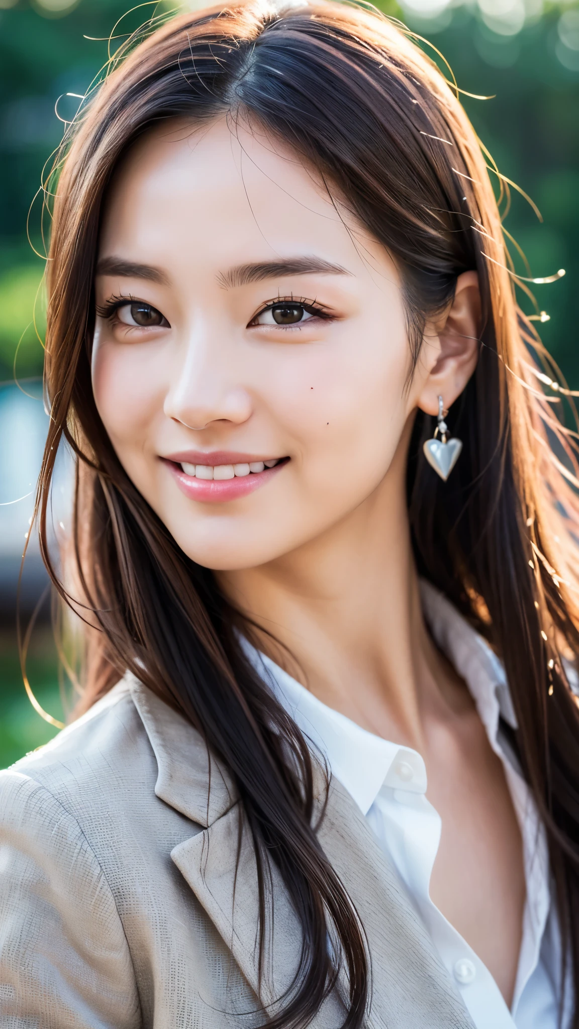 (realistic, photo-realistic:1.37),(8k, RAW photo, highest quality, masterpiece:1.2), cute, Super detailed,heart-shaped eyes,Physically based rendering, ultra high resolution, kodak vision color, Arricam LTカメラで撮影, Bokeh, sharp focus,
looking at the viewer,photorealistic,realistic, alone, photorealistic, highest quality,highly detailed face,highly detailed eyes and face, fine and beautiful eyes,confused, incredibly confused,忘れられないsmile,messy hair, floating hair, , suit、business office、smile、earrings