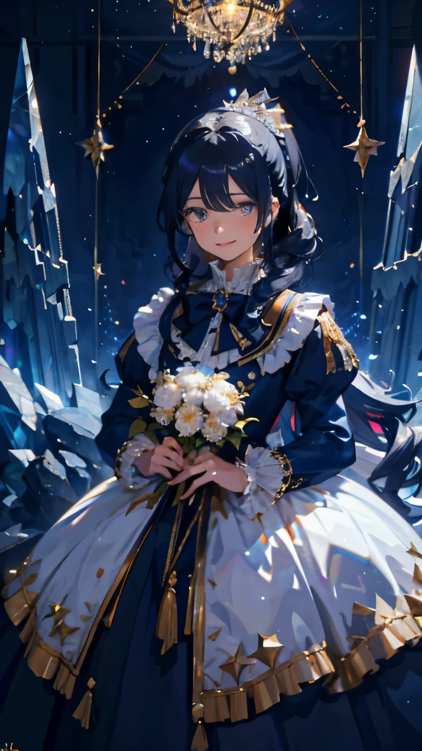 dramatic composition, Navy blue coat-style dress with golden embroidery, royal, nice, カスケードfrills, frills,,lots of races, bow, crystal chandelier, roman curly hairstyle, ponette, Double ponytail like a silver drill, look at the camera, bangs, maximalism, palace background, Delicate depiction of hair and eyes, princess dress, nice skirts, flowers in hand, smile, Eyes like the starry sky, cinematic light, extreme detail, High resolution, happy girl, very long hair, diamond, broken diamond, crystal shards, particles of light