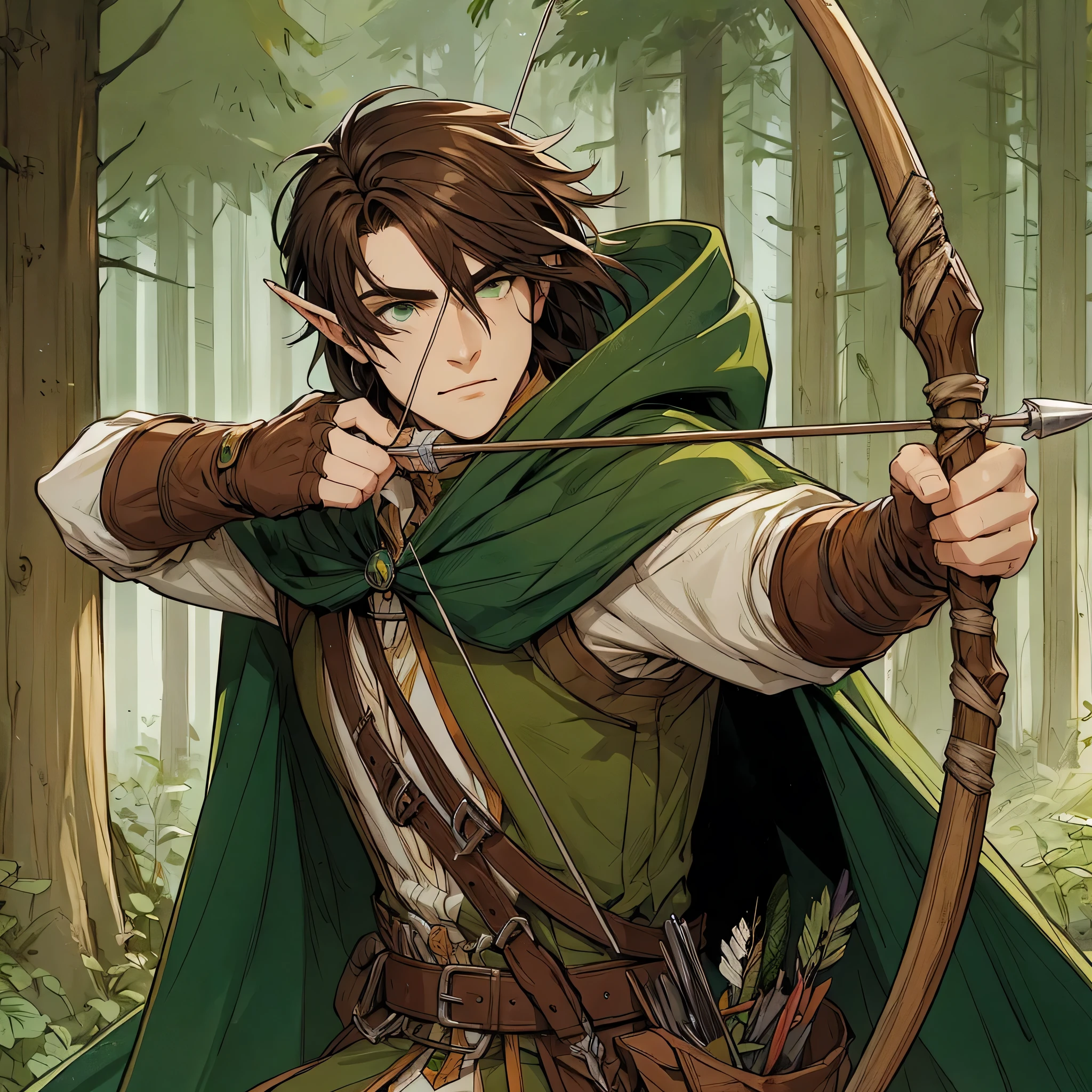 Jovem masculino meio elfo de pele branca, de capa verde, arqueiro, com cabelo escuro castanho, em desenho cartoon, metade do corpo em pose de batalha, na floresta