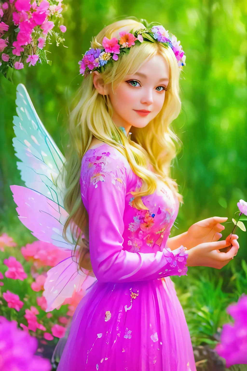  The Highest Masterpiece,classical art, Best quality, летящая по воздуху прекрасная fairy with a flower in her hand  , large colorful wings behind the back , shining wings against a background of forest and flowers, detailed image of the beautiful face of a fairy girl , beautiful face, blond, luxuriant hair , beautiful wreath of flowers on your head , rainbow shining dress
,The Flower Fairy, fairy with a flower in her hand ,photo-portrait of a fairy girl flying through the air like a strikoza, highest quality !