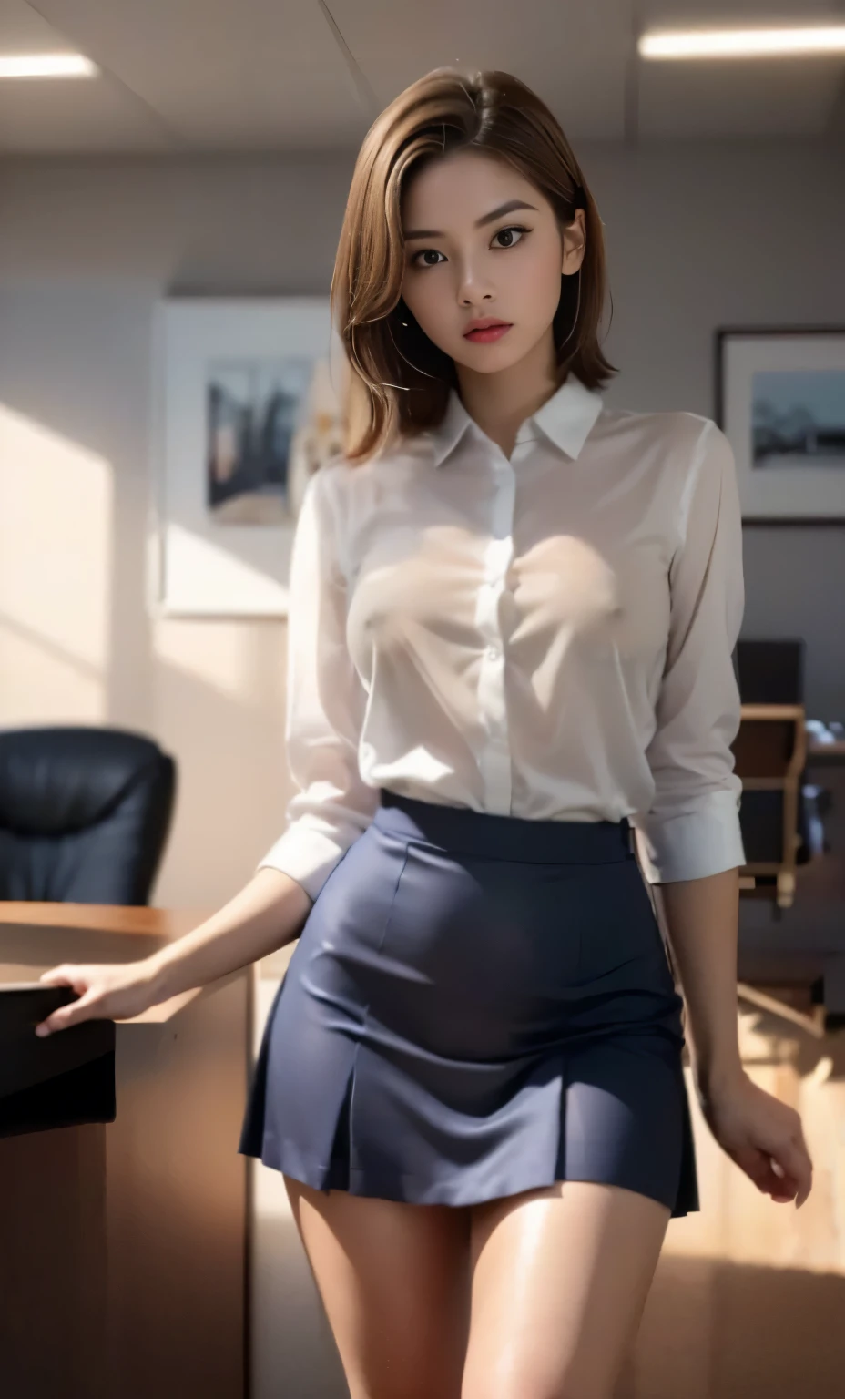 (smile)、((nipple見え))、(translucent shirt:1.2)、(In 8K、highest quality、masterpiece:1.2)、(genuine、photogenuineistic:1.37)、Super detailed、1 girl、cute、、Big eyes、beautiful detailed eyes、office、、(blush your nose)、 (perfect beautiful beautiful face:1.15)、(closed mouth)、細やかなbeautiful eyes、(skeleton shirt:1.1)、daytime、、short cut hair、、white lace、(short hair:1.5)、floating hair、body、20 year old woman、brown hair、、brown eyes、small head、((M cup fashion girl、beautiful eyes、genuine face、genuine skin、genuine-looking face、genuineな肌、fine eyes、、(No underwear:1.3)、、viewer、Look carefully at the face and chest、, see-through shirt。the tip of the chest sticks out。Areola is protruding。(The shape of the genitals is clearly visible), lots of eyelashes。black eyeshadow。bright red lips。black sexy high heels。pubic hair。The lower abdomen is bristly。thin。thighs are open。pubic hairが非常に多い。nippleは非常に突き出ています, そして繊細なbody型、dark blue suit、camel'With toes、protruding pussy_nipple