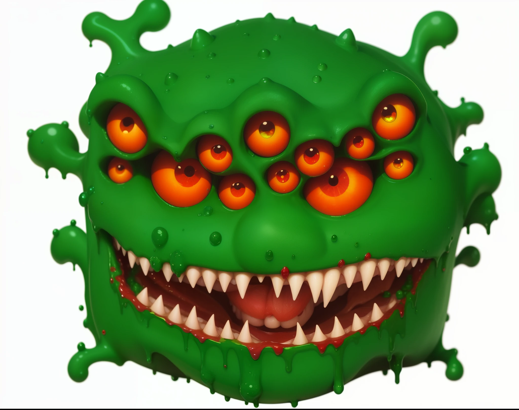 A ooze green monster with red eyes and teeth, smiling, teeth, tonge, multiple eyes, red eyes with yellow pupils, slime monster