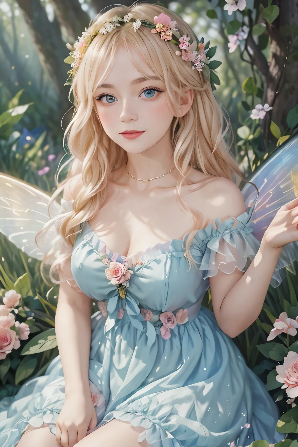  The Highest Masterpiece,classical art, Best quality, летящая по воздуху прекрасная fairy with a flower in her hand  , large colorful wings behind the back , shining wings against a background of forest and flowers, detailed image of the beautiful face of a fairy girl , beautiful face, blond, luxuriant hair , beautiful wreath of flowers on your head , rainbow shining dress
,The Flower Fairy, fairy with a flower in her hand ,photo portrait of a fairy girl in the highest quality !