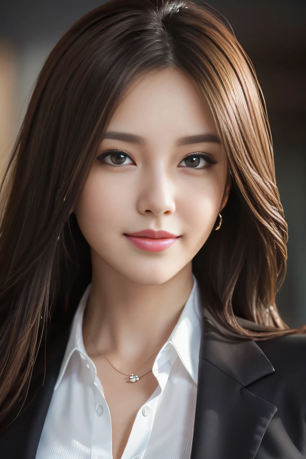 table top, highest quality, realistic, Super detailed, finely, High resolution, 8k wallpaper, 1 beautiful woman,, light brown messy hair, wearing a business suit, sharp focus, perfect dynamic composition, beautiful and detailed eyes, thin hair, Detailed realistic skin texture, smile, close-up portrait, model body shape