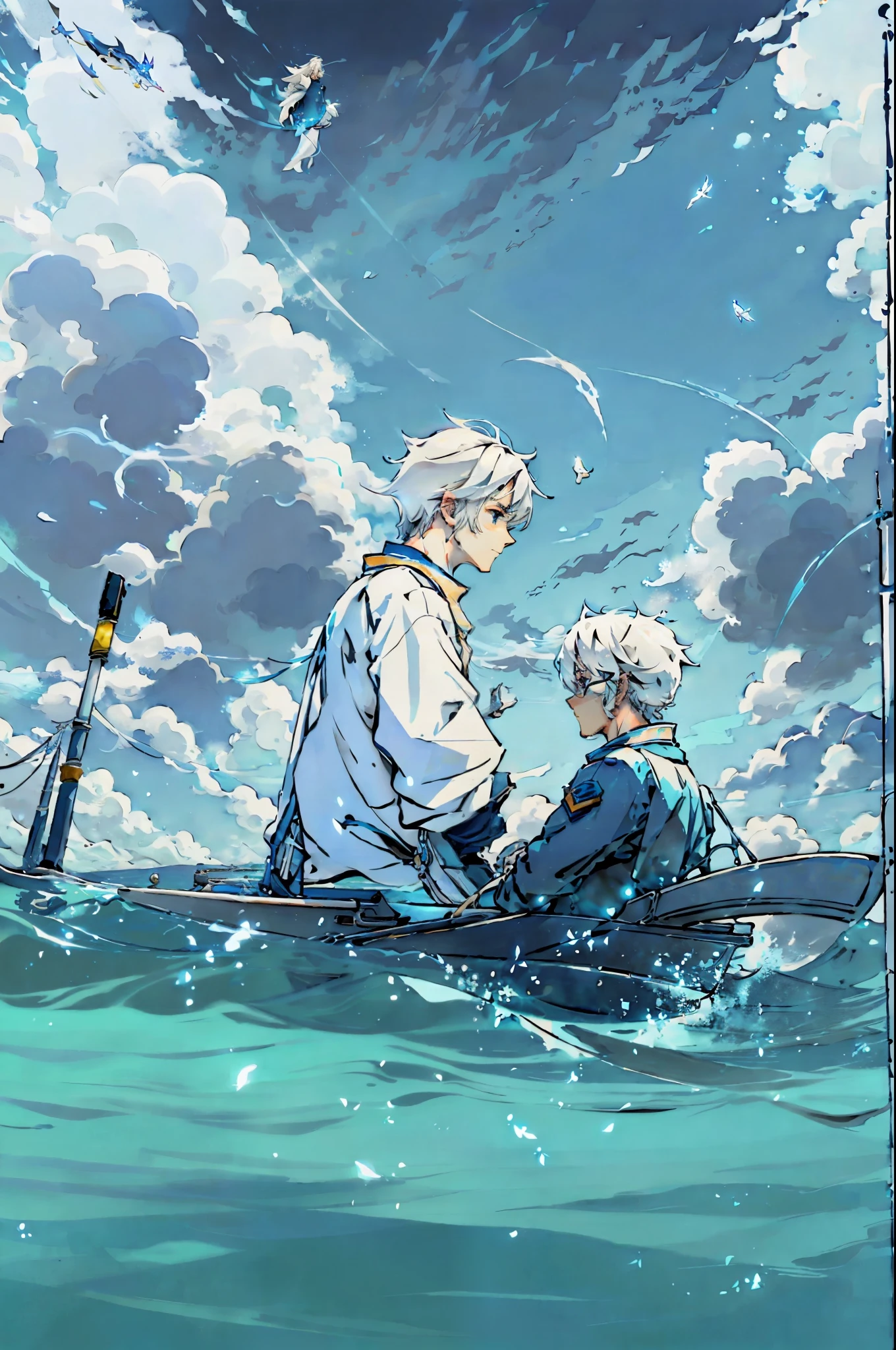 White-haired men floating on the water,minimalist,large areas of blue,animation art style,palette bright,,dark white and light sky blue,Senqi,Precision