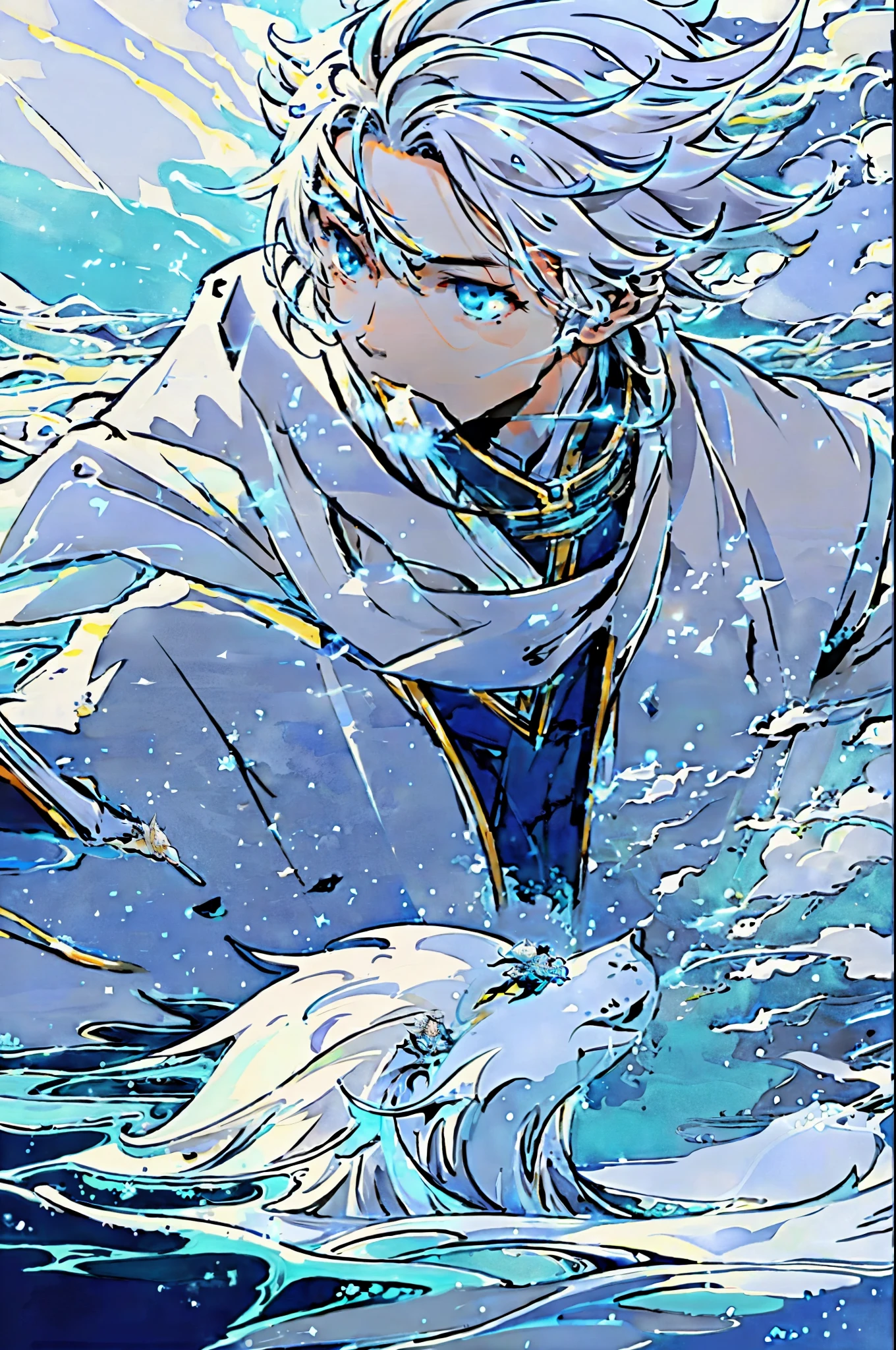 White-haired men floating on the water,minimalist,large areas of blue,animation art style,palette bright,,dark white and light sky blue,Senqi,Precision