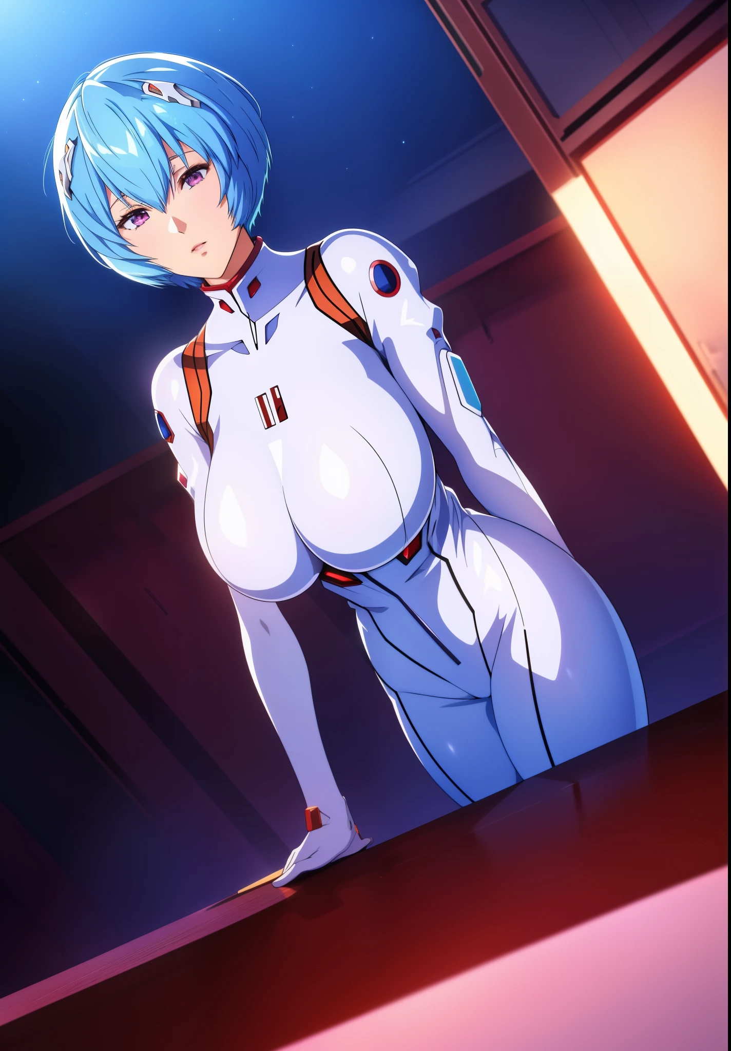 NSFW、(((Ayanami Rei))),1 girl,alone,(table top,highest quality, official art, beautiful and aesthetic:1.2),(超A high resolution, (4k), (photon mapping, radio city, Physically based rendering,automatic white balance), technical sense,wonderful,big breasts,rich background, (((high definition skin,)))dynamic lighting,intricate and detailed costumes,cute,Watery eye,((short hair,))No expression, skin, turtleneck, body suit, Mecha Starpiece Side Lighting),(beautiful girl,luster),(sky blue hair,pink eyes,）[[delicate fingers and hands:0.55]::0.85],(finger details),