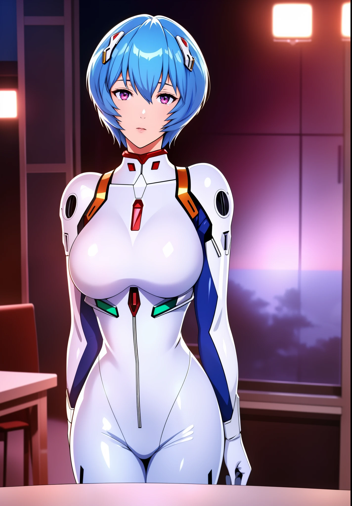 NSFW、(((Ayanami Rei))),1 girl,alone,(table top,highest quality, official art, beautiful and aesthetic:1.2),(超A high resolution, (4k), (photon mapping, radio city, Physically based rendering,automatic white balance), technical sense,wonderful,big breasts,rich background, (((high definition skin,)))dynamic lighting,intricate and detailed costumes,cute,Watery eye,((short hair,))No expression, skin, turtleneck, body suit, Mecha Starpiece Side Lighting),(beautiful girl,luster),(sky blue hair,pink eyes,）[[delicate fingers and hands:0.55]::0.85],(finger details),