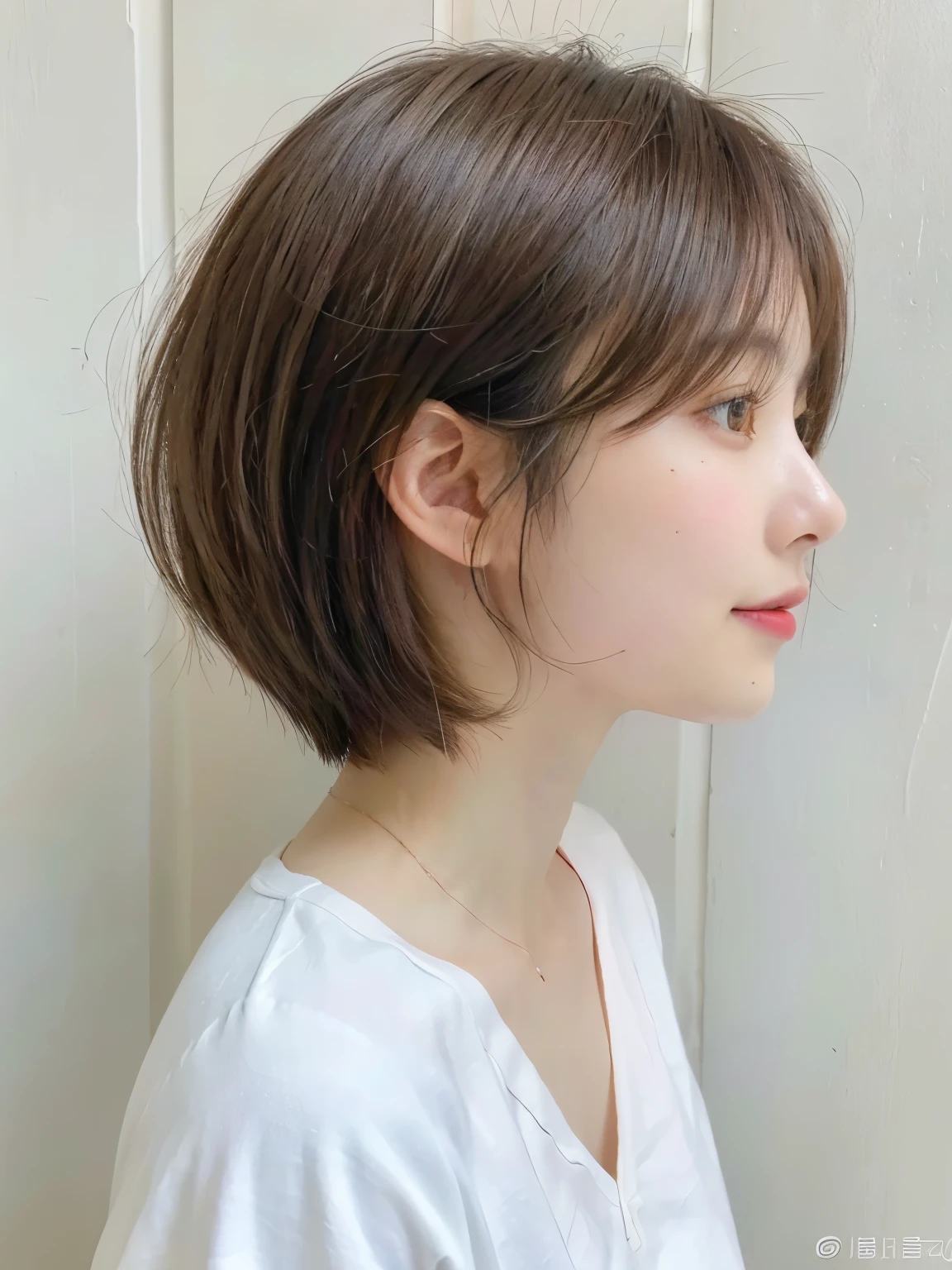 white wall、Taken in front of the white door、(窓のあるwhite wallの部屋)、(8k、RAW photo、highest quality、masterpiece:1.2)、High-definition RAW color photo、professional photos、(realistic、フォトrealistic:1.37)、Photographed in natural light、1 girl、laughter、Various poses、spring clothes、 necklace、(Beautiful profile:1.3)、don't look at the camera、profile、shortcut、((greige hair color))、short hair、Photographed in natural light、earrings、pastel colored blouse、normal human face、Normal eyes、dark brown eyes