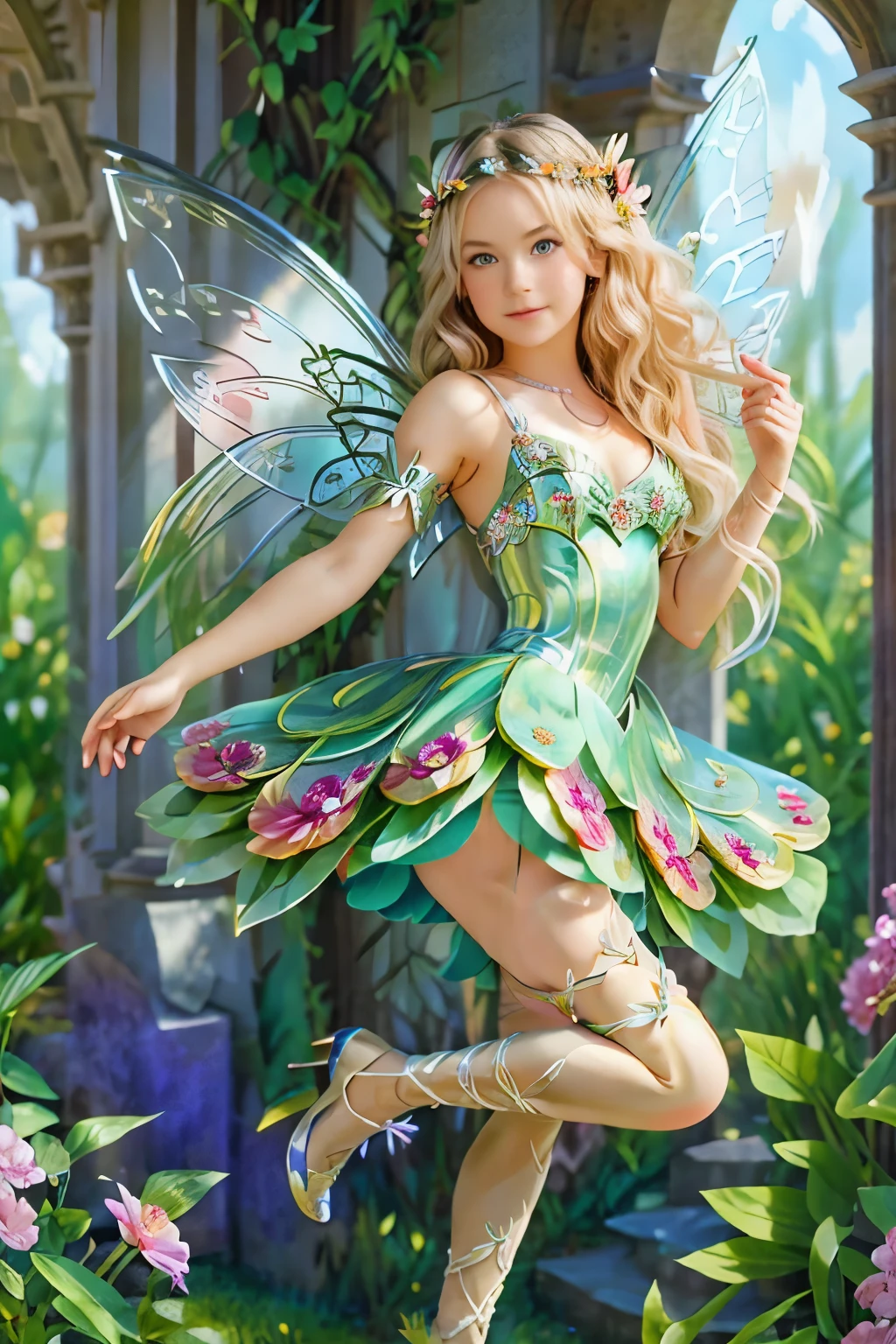 The Highest Masterpiece,classical art, Best quality, летящая по воздуху прекрасная fairy with a flower in her hand , large colorful wings behind the back , shining large wings against a background of forest and flowers, detailed image of the beautiful face of a fairy girl , beautiful face, blond, luxuriant hair , beautiful wreath of flowers on your head , rainbow shining dress ,The Flower Fairy, fairy with a flower in her hand ,photo-portrait of a fairy girl flying through the air like a strikoza, highest quality !