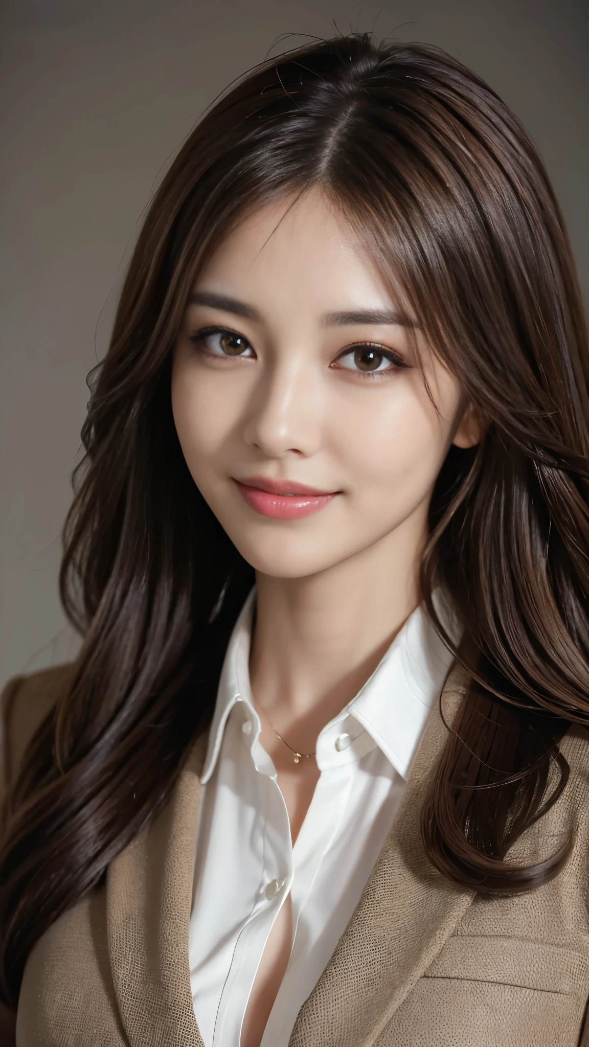 table top, highest quality, realistic, super detailed, finely, High resolution, 8k wallpaper, 1 beautiful woman,, light brown messy hair, wearing a business suit, sharp focus, perfect dynamic composition, detailed and beautiful eyes, fine hair, Detailed and realistic skin texture, smile, close-up portrait, model body shape、smile