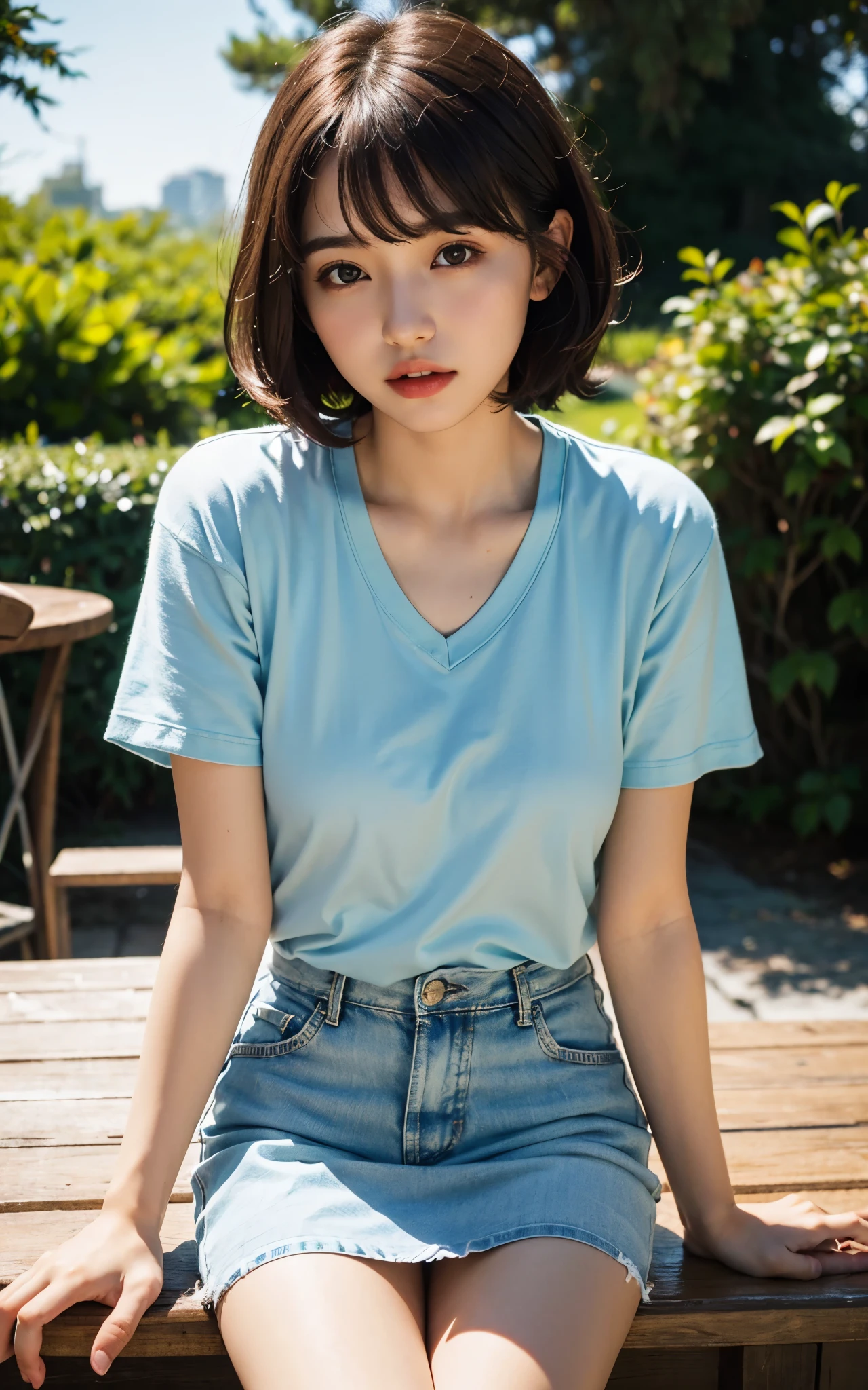 (table top:1.3), (8k, realistic, Raw photo, highest quality: 1.4), soft light, professional lighting, 1 girl,  , cute, pure beauty, sad, brown short hair, bangs, outdoors