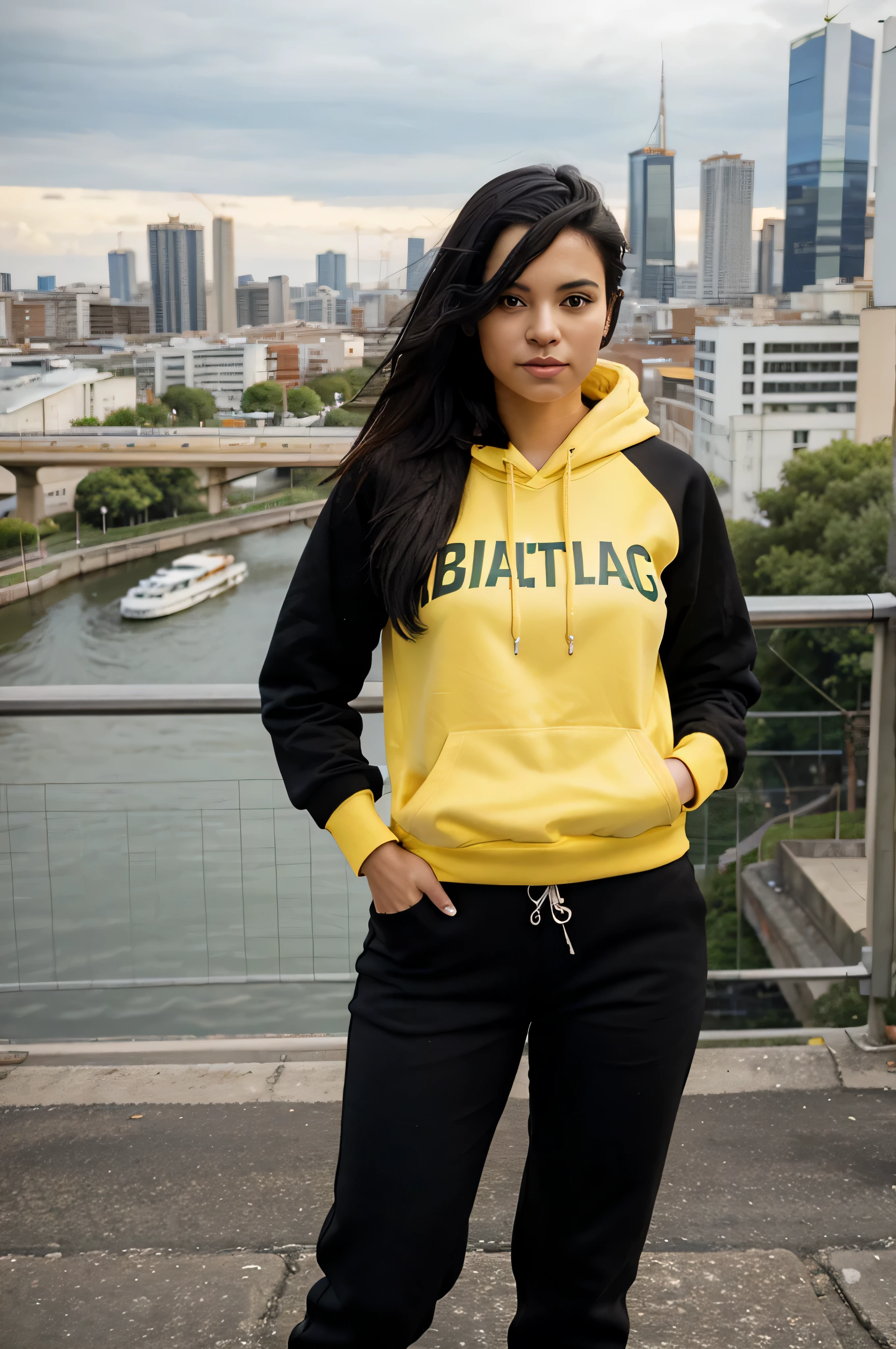 ultra realistic,photo-realistic,full body,posing on the bridge, city on the background,black hair,black pants,yellow hoodie,attractive Brazilian girl