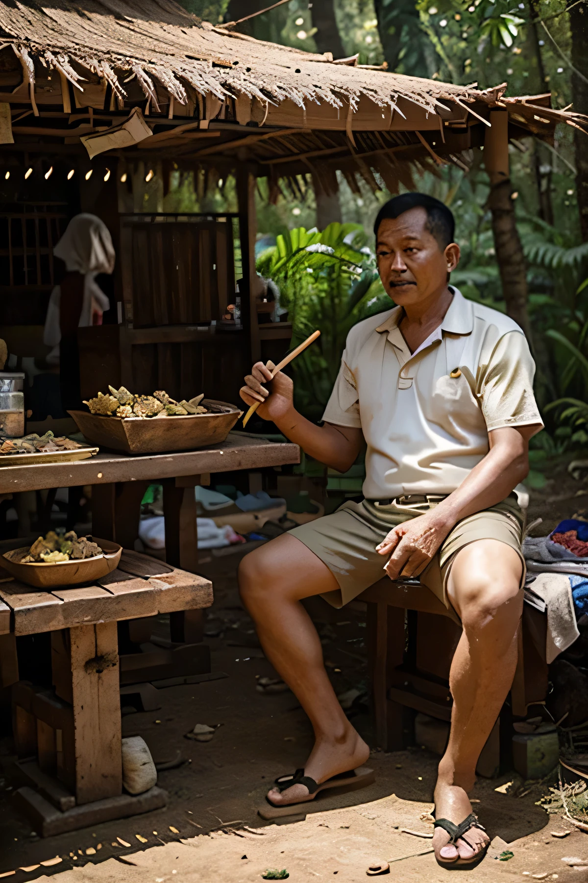 a 50-year-old Indonesian man eating lion satay at a forest stall, with a lion by his side.