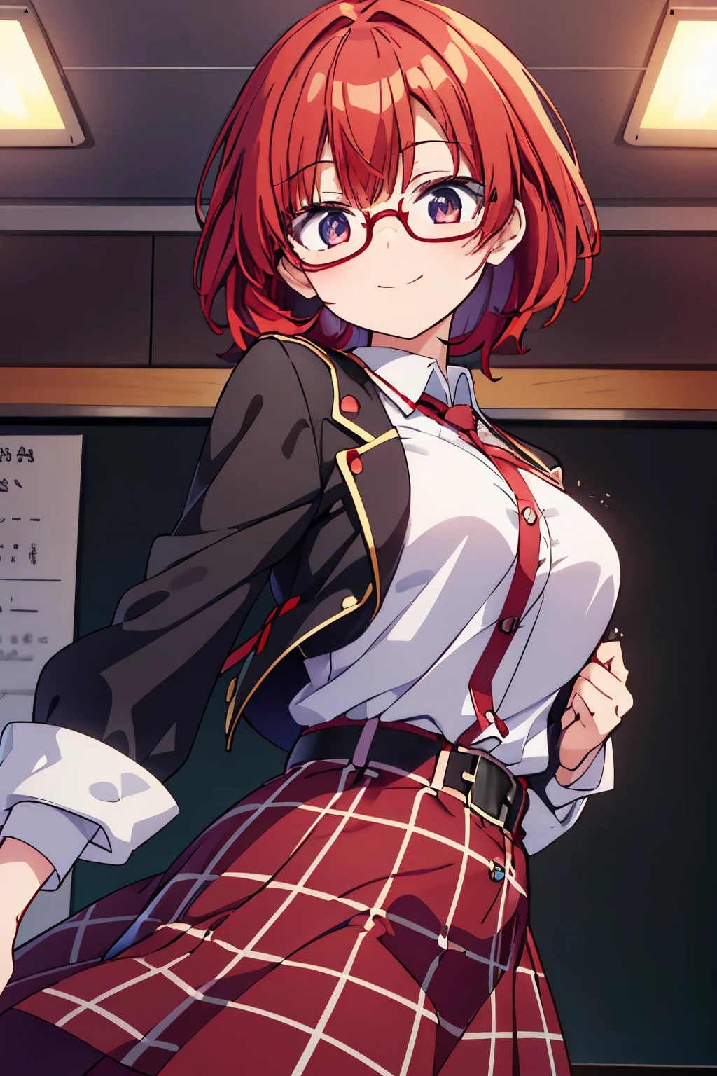 From below, alone, girl, Ogata Rizu, pout face, orange hair, bob hair cut, glasses, serious face, big chest G cup, blue eyes, burgundy school jacket, white shirt, school ribbon, burgundy school skirt, brown stockings, chalk in her hand, pizzaron, mathematical calculations, classroom, femenine pose, perfect scene, masterpiece, score 10, anime colors, american shot, beautiful, composition, harmony, high quality, beautiful, feminine