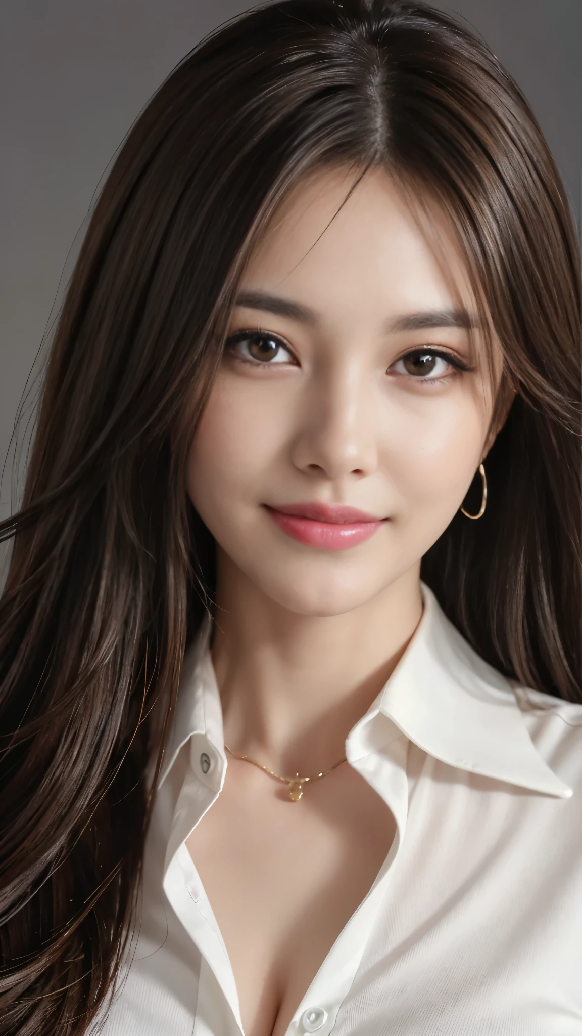 table top, highest quality, realistic, super detailed, finely, High resolution, 8k wallpaper, 1 beautiful woman,, light brown messy hair, wearing a business suit, sharp focus, perfect dynamic composition, detailed and beautiful eyes, fine hair, Detailed and realistic skin texture, smile, close-up portrait, model body shape、smile