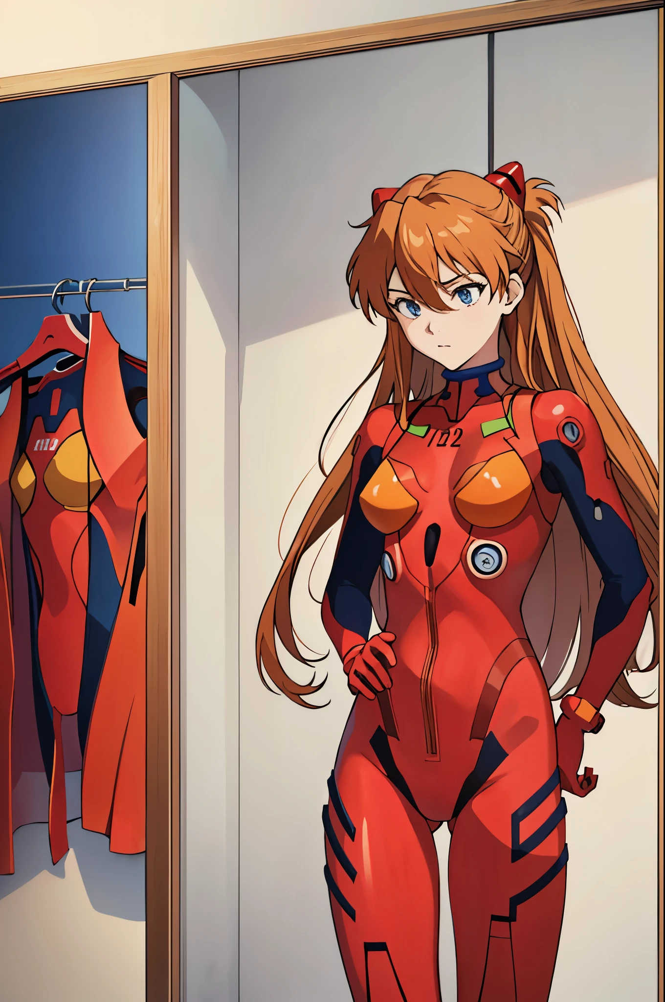 (masterpiece, highest quality, be familiar with), 1 girl, alone, indoor, change room, Soryu Asuka Langley, interface headset, red bodysuit  