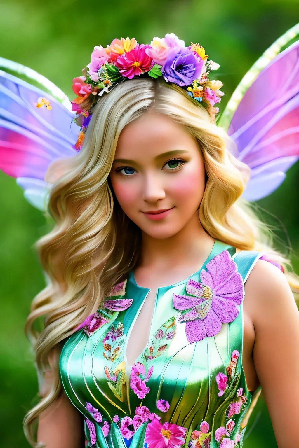 The Highest Masterpiece,classical art, Best quality, летящая по воздуху прекрасная fairy with a flower in her hand , large colorful wings behind the back , shining large wings against a background of forest and flowers, detailed image of the beautiful face of a fairy girl , beautiful face, blond, luxuriant hair , beautiful wreath of flowers on your head , rainbow shining dress ,The Flower Fairy, fairy with a flower in her hand ,photo-portrait of a fairy girl flying through the air like a strikoza, highest quality !