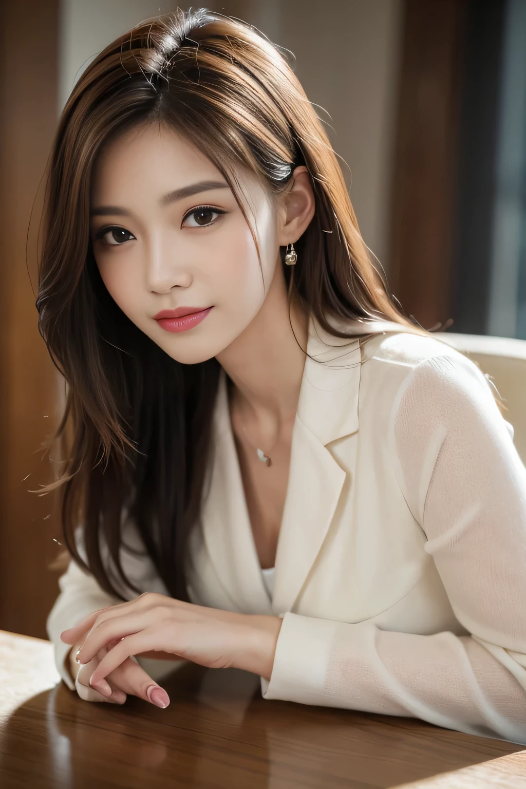 table top、highest quality、genuine、Super detailed、finely、High resolution、8k wallpaper、one beautiful woman、、、light brown disheveled hair、wearing a business suit、sharp focus、perfect dynamic composition、beautiful and detailed eyes、thin hair、詳細なgenuineな肌の質感、smile、close-up portrait、model body shape