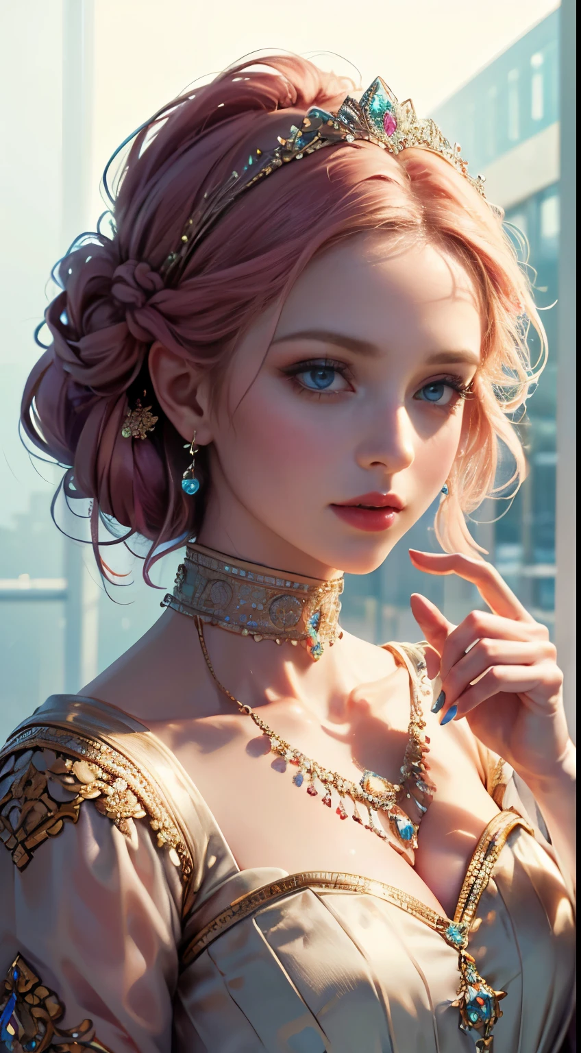 tmasterpiece,Highest high resolution,Beautiful bust of a royal lady,Delicate pink braided hair,Green clear eyes,The hair is covered with beautiful and delicate floral craftsmanship, Crystal jewelry filigree,Ultra-detailed details,upscaled。Soft lighting