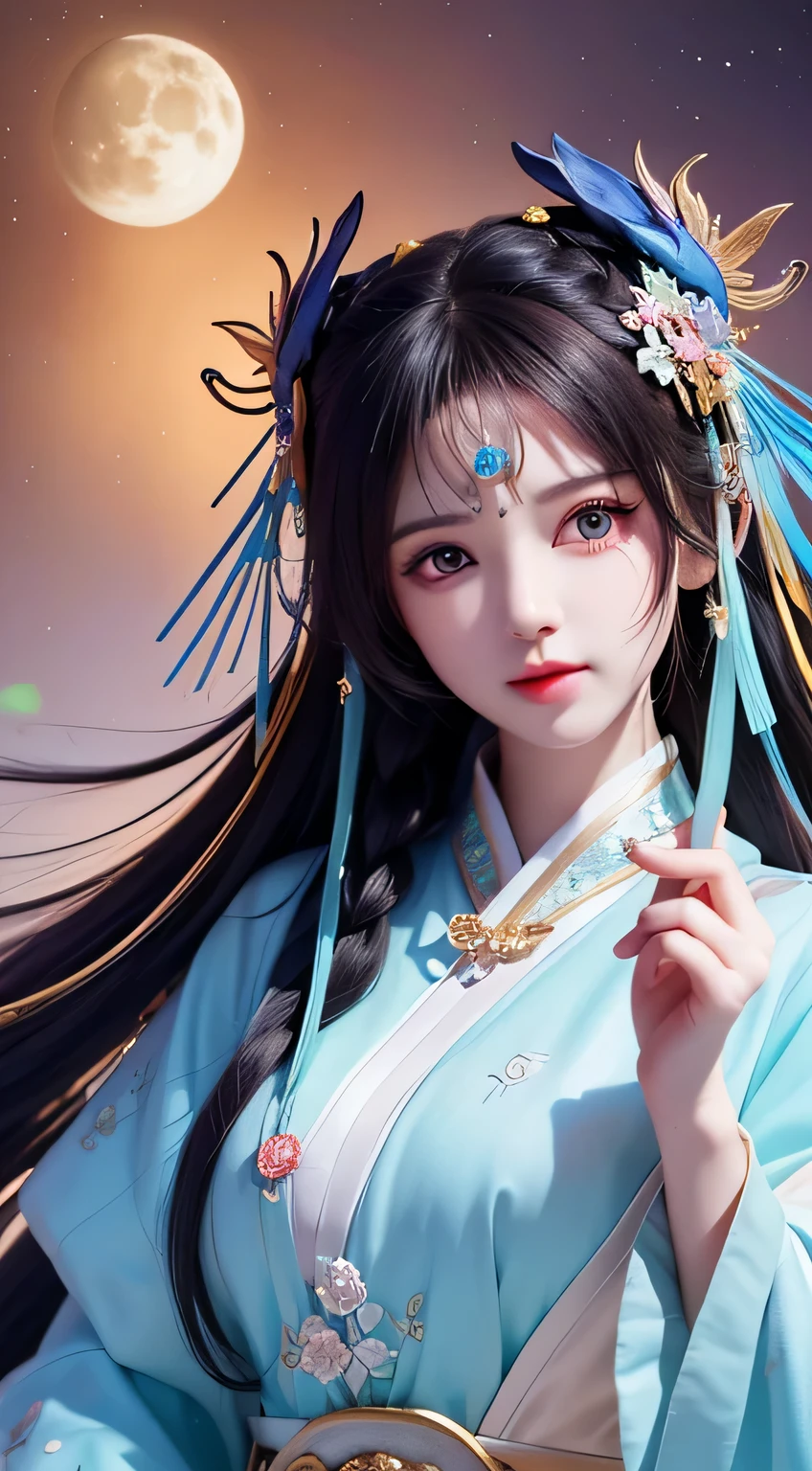 (8k, original photo:1.2), best quality, ultra High resolution,dramatic angle,(Fluttering detail color splash), (illustration),(((1 girl))),(long hair),(rain:0.9), (hat:1.4),There is an ancient palace next to the girl,Hanfu,(focus),color ink painting,(Splash color),Splash color,(((colorful))),(sketch:0.8) , masterpiece, best quality, beautiful painting, High detailed,(Denoise:0.6),[splash ink],((Ink refraction)), (beautiful detailed sky),moon,High,detailed,(masterpiece, best quality, Very detailed） CG unity 8k壁纸，masterpiece，best quality，Super detailed），（lycoris），