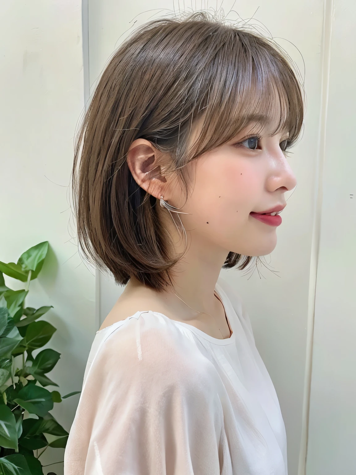 white wall、Taken in front of the white door、(窓のあるwhite wallの部屋)、(8k、RAW photo、highest quality、masterpiece:1.2)、High-definition RAW color photo、professional photos、(realistic、フォトrealistic:1.37)、Photographed in natural light、1 girl、laughter、Various poses、spring clothes、 necklace、(Beautiful profile:1.3)、don't look at the camera、profile、shortcut、((greige hair color))、short hair、Photographed in natural light、earrings、pastel colored blouse、normal human face、Normal eyes、dark brown eyes