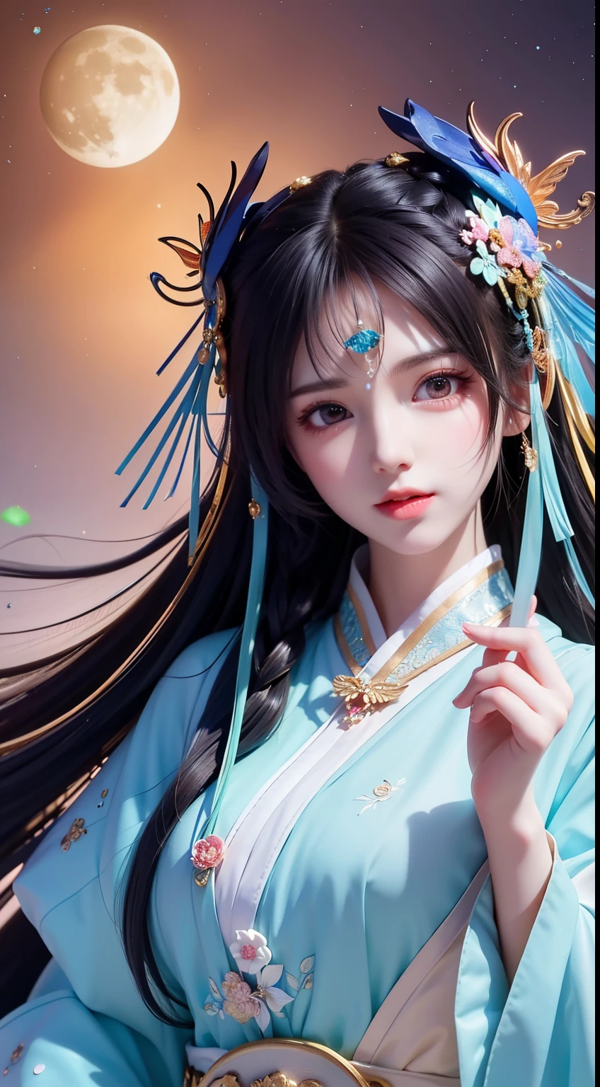 (8k, original photo:1.2), best quality, ultra high resolution,dramatic angle,(Fluttering detail color splash), (illustration),(((1 girl))),(long hair),(rain:0.9), (headgear:1.4),There is an ancient palace next to the girl,Hanfu,(focus),color ink painting,(Splash color),Splash color,(((rich and colorful))),(sketch:0.8) , masterpiece, best quality, beautiful painting, high detailed,(Denoise:0.6),[splash ink],((Ink refraction)), (beautiful detailed sky),moon,high,detailed,(masterpiece, best quality, Very detailed） CG unity 8k壁纸，masterpiece，best quality，Super detailed），（Lycoris），