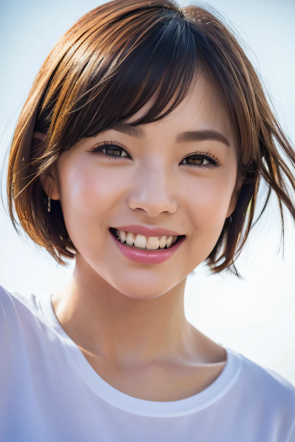 (8k, RAW photo, highest quality, High resolution: 1.1), (Ultra realistic: 1.4), (realistic, realistic: 1.3), soft light, big, girl, realistic Face, realistic Body, realistic Skin, confused, masterpiece, (cute: 1.8), cuties, alone, (big: 1.2), fine black eyes, innocent eyes, cheek, (T-shirt: 1.2), cinema light, film grain, jewelry, white polo shirt, earrings, ((short bob hair: 1.1)), (Floating Hair novafrog Style)), cherry color lip, hair ribbon, hair ribbon, close, look viewer, Upper body, open lips, upper teeth, (smiling eyes: 0.6), (grin and laugh: 1.2)), written boundary depth, blurred background, focus of the eye, Bokeh, young, 85mm lens, f/1.4, professional lighting, young, portrait, photon mapping, radio city, Physically based rendering, No bra
