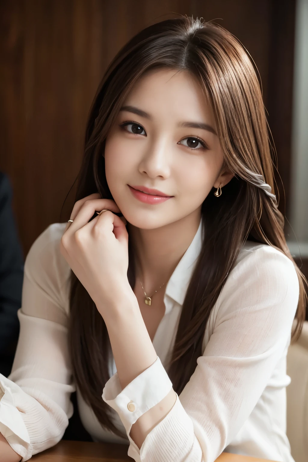 A beautiful woman sitting at a table in a stylish business suit, with her loose brown hair flowing. The image is of the highest quality, with a realistic and ultra-detailed rendering. The resolution is 8K, making it suitable for a wallpaper or a high-resolution print. The woman has beautiful and detailed eyes, with a sharp focus on her face. Her skin texture is also rendered in great detail, making it look very realistic. She has a warm and welcoming smile on her face. The composition of the image is perfectly dynamic, with a close-up portrait of the woman, highlighting her model-like figure. The lighting is carefully crafted to bring out the details and enhance the overall atmosphere.
